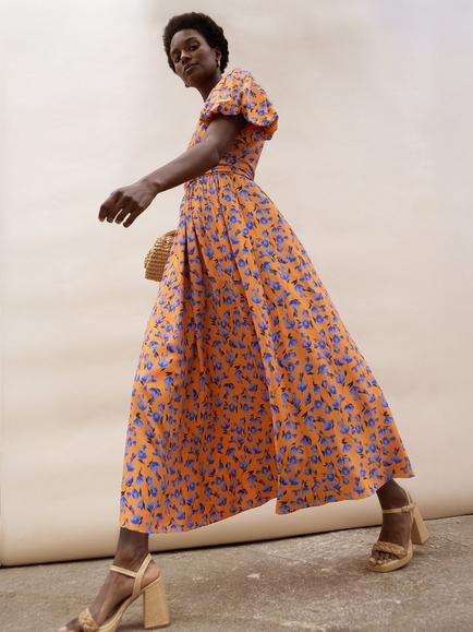 Ro&Zo Puff Sleeve Floral Dress, Orange - view 2, Orange