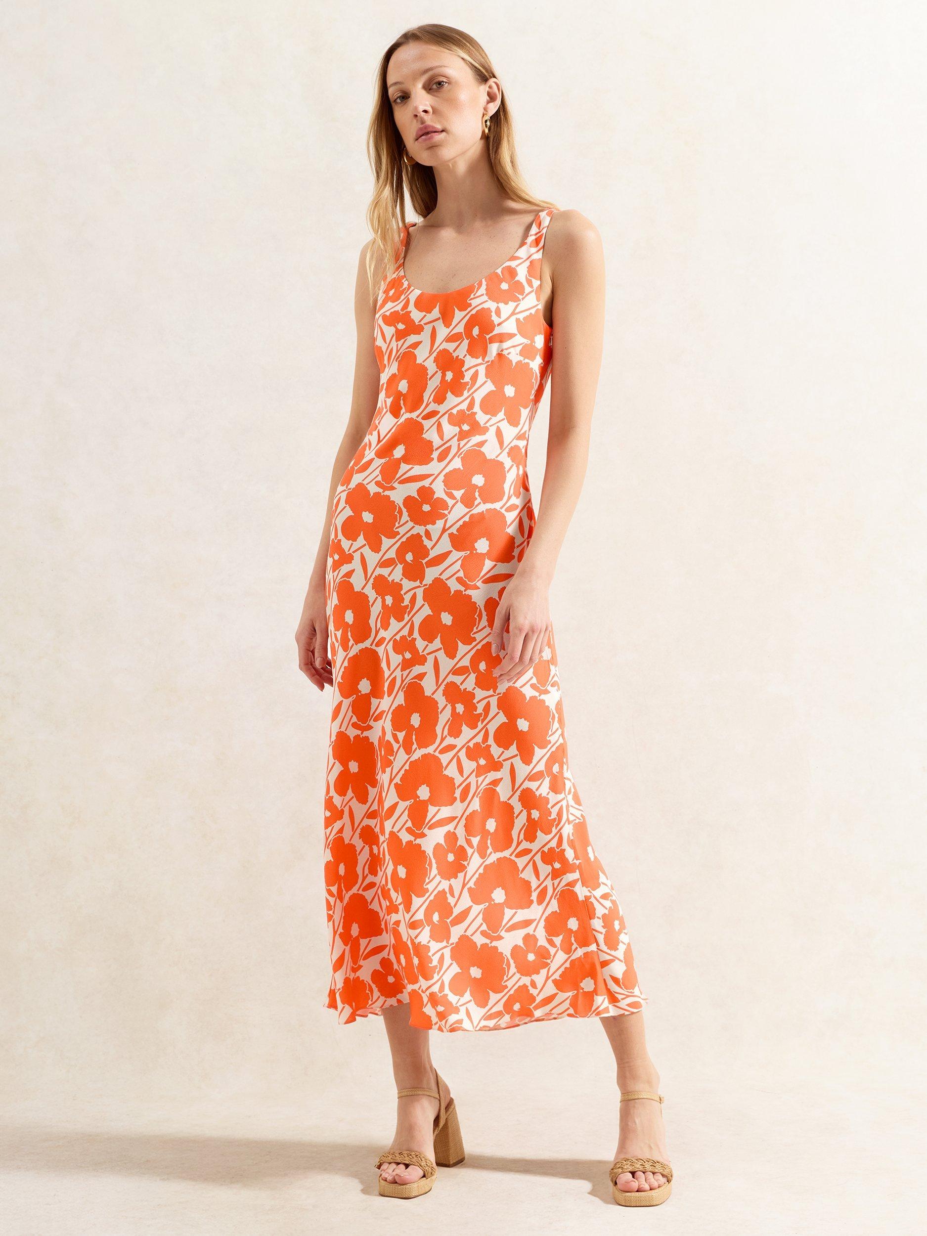 Product image 1 of 4, which shows Ro&Zo Petite Poppy Print Bias Cut Dress, Orange, 6Pt