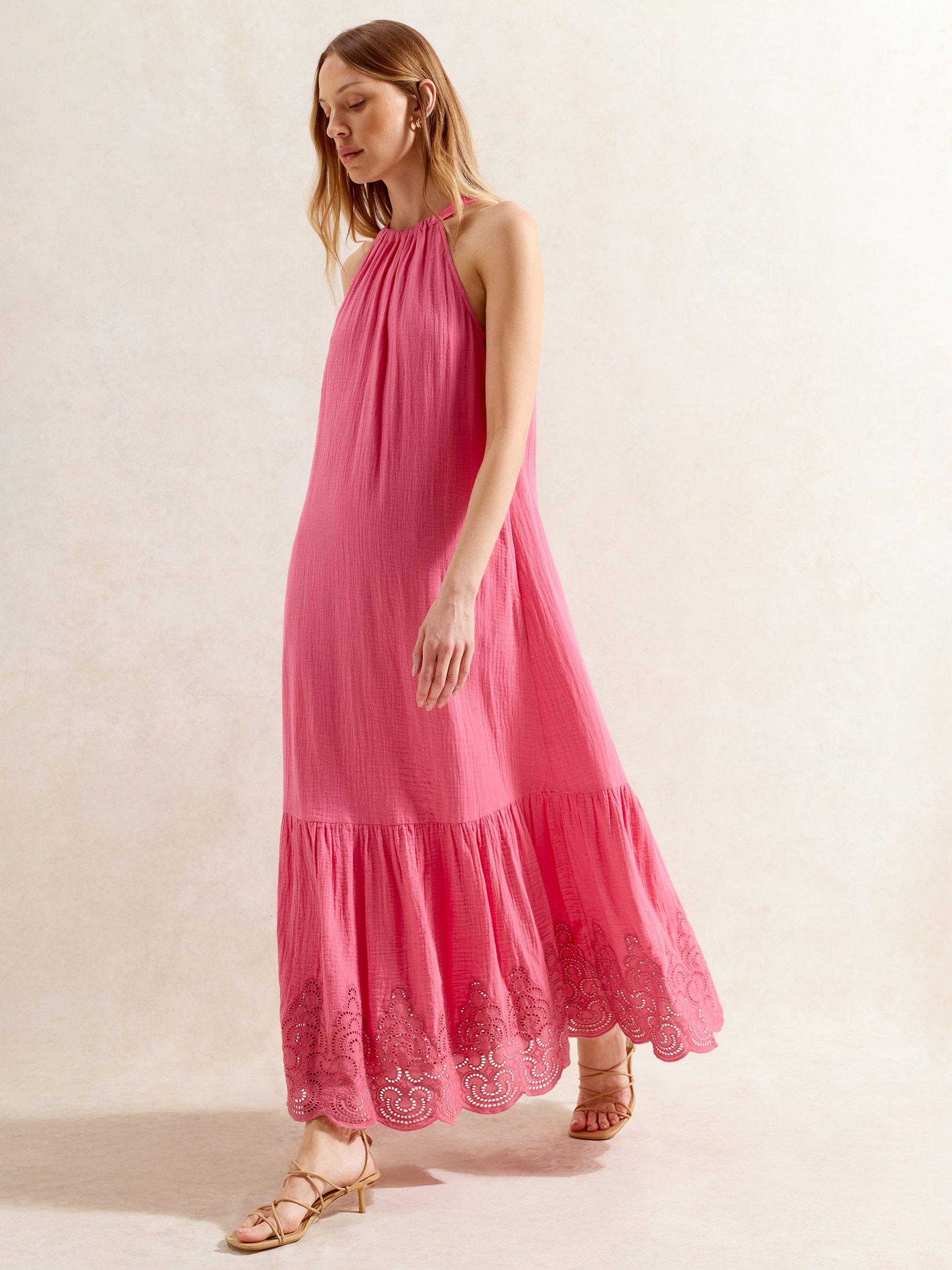Product image 1 of 5, which shows Ro&Zo Petite Broderie Anglaise Hem Maxi Dress, Pink, 8Pt