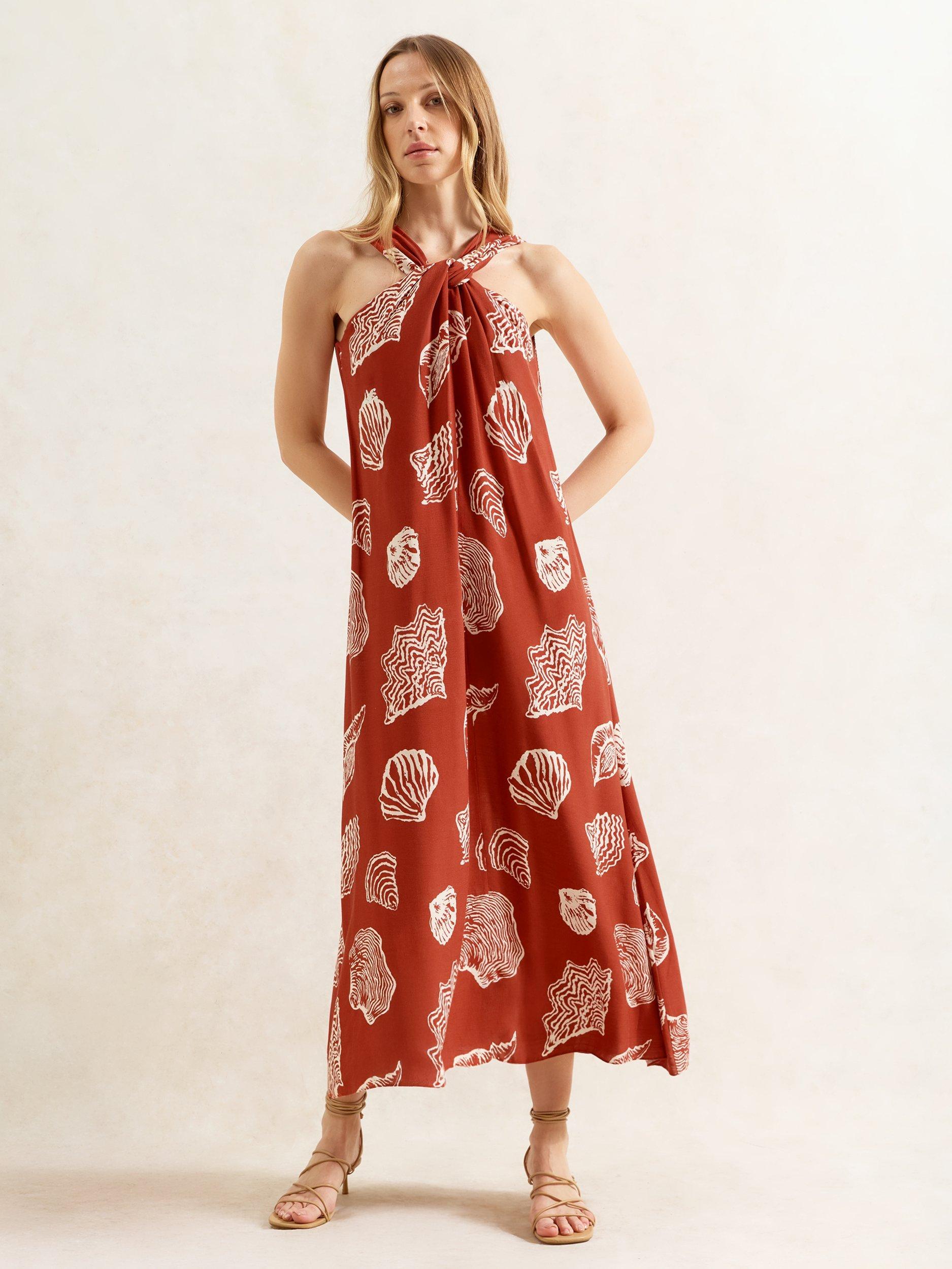 Product image 3 of 5, which shows Ro&Zo Shell Print Twist Neck Dress, Red/Multi, 6