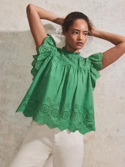Ro&Zo Broderie Anglaise Flutter Sleeve Top, Green, Green
