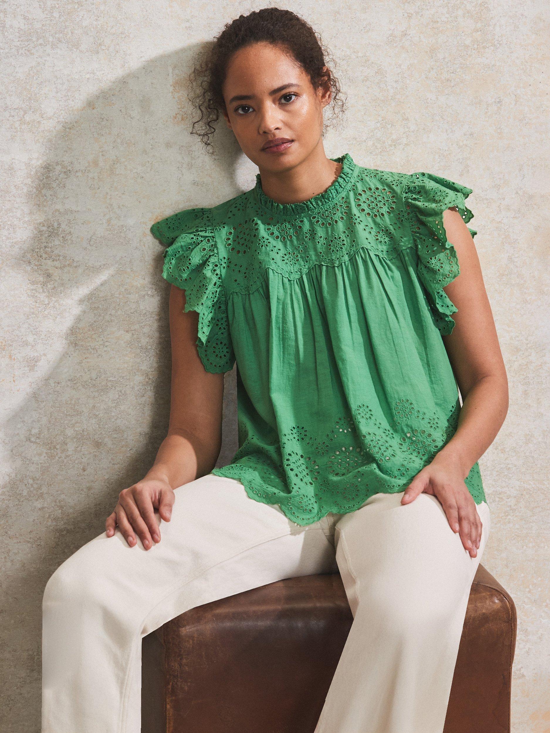 Product image 2 of 3, which shows Ro&Zo Broderie Anglaise Flutter Sleeve Top, Green, 6