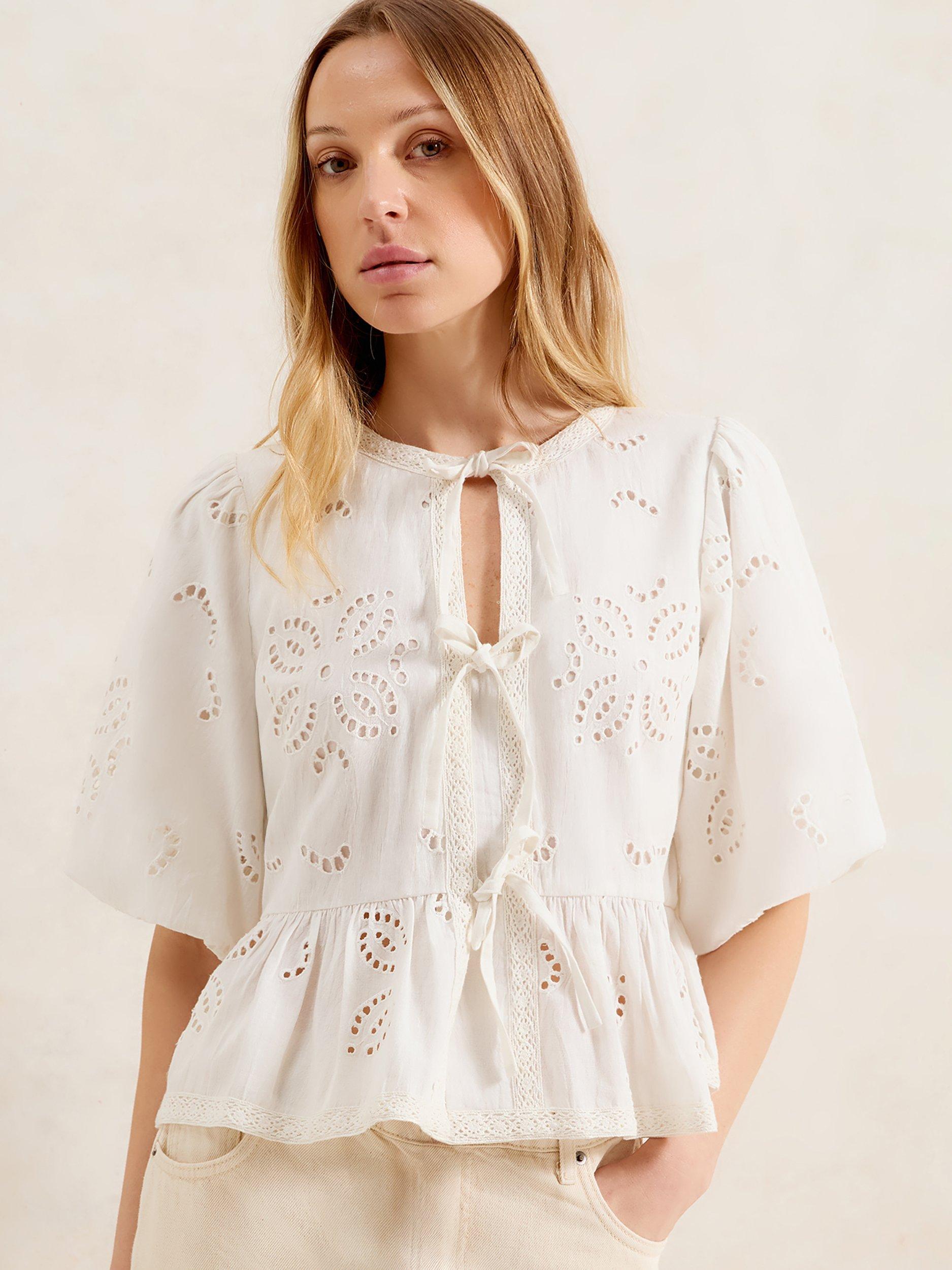 Product image 1 of 2, which shows Ro&Zo Broderie Anglaise Tie Font Top, Natural, 10