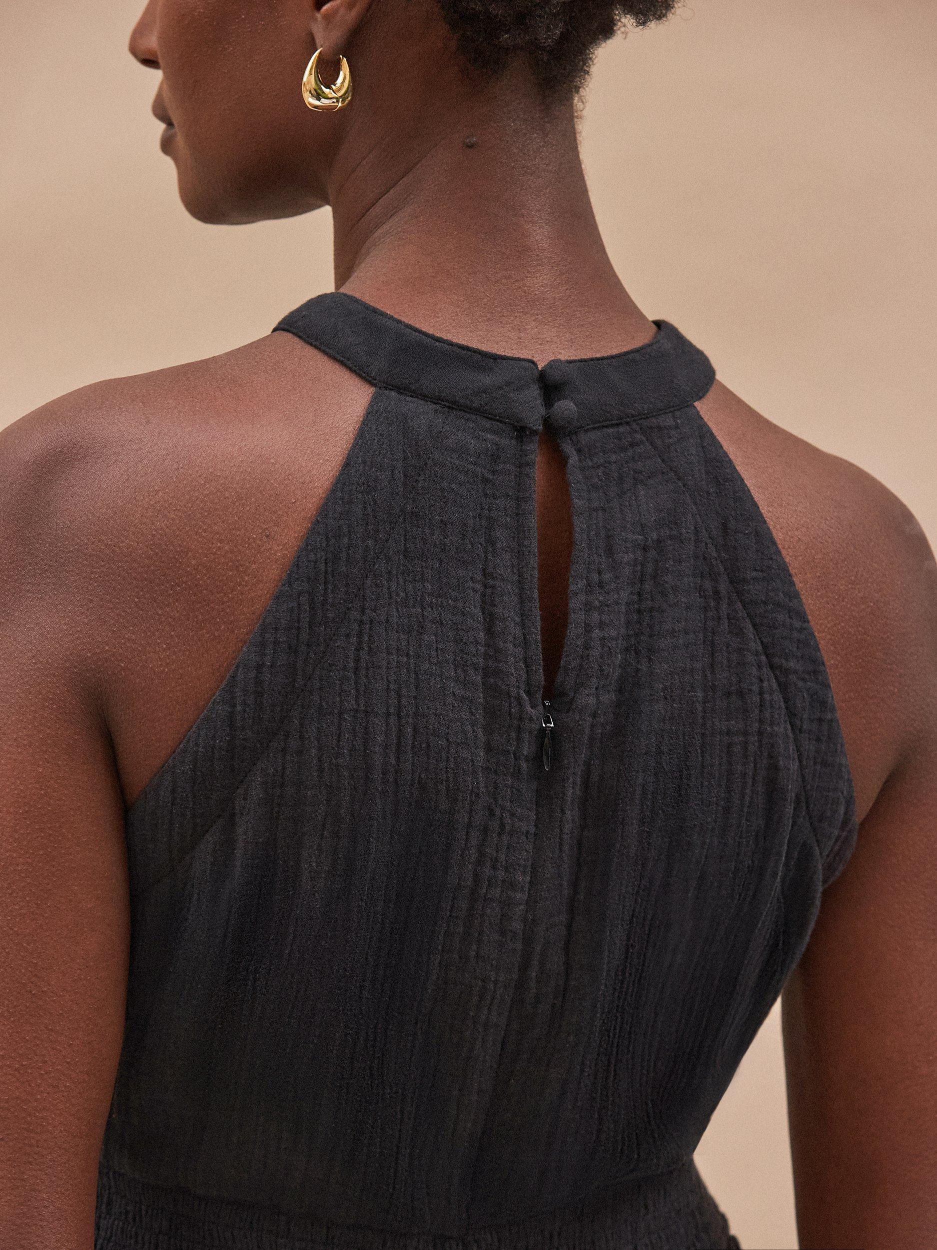 Product image 3 of 4, which shows Ro&Zo Cotton Shirred Halterneck Jumpsuit, Black, 10