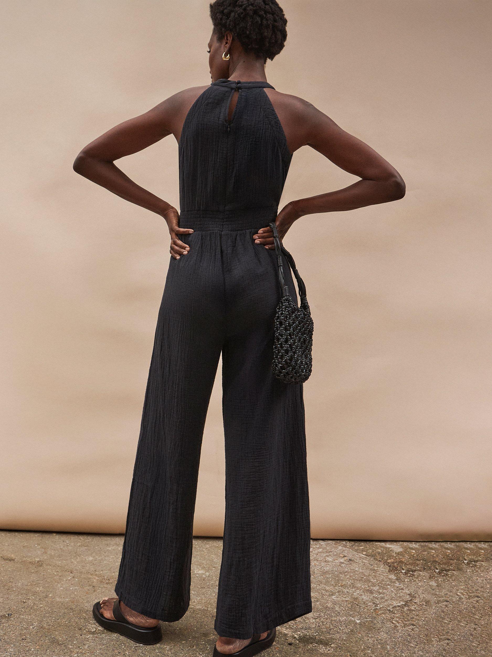 Product image 4 of 4, which shows Ro&Zo Cotton Shirred Halterneck Jumpsuit, Black, 10