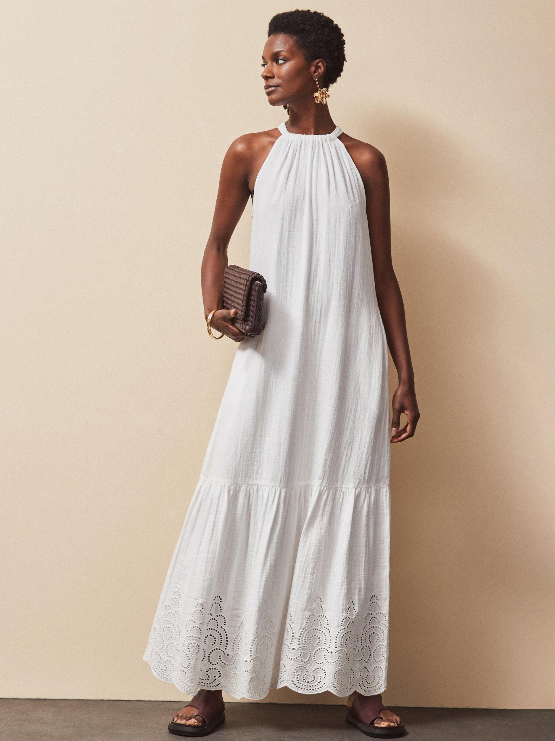 Product image 1 of 4, which shows Ro&Zo Broderie Anglaise Hem Maxi Dress, White, 6