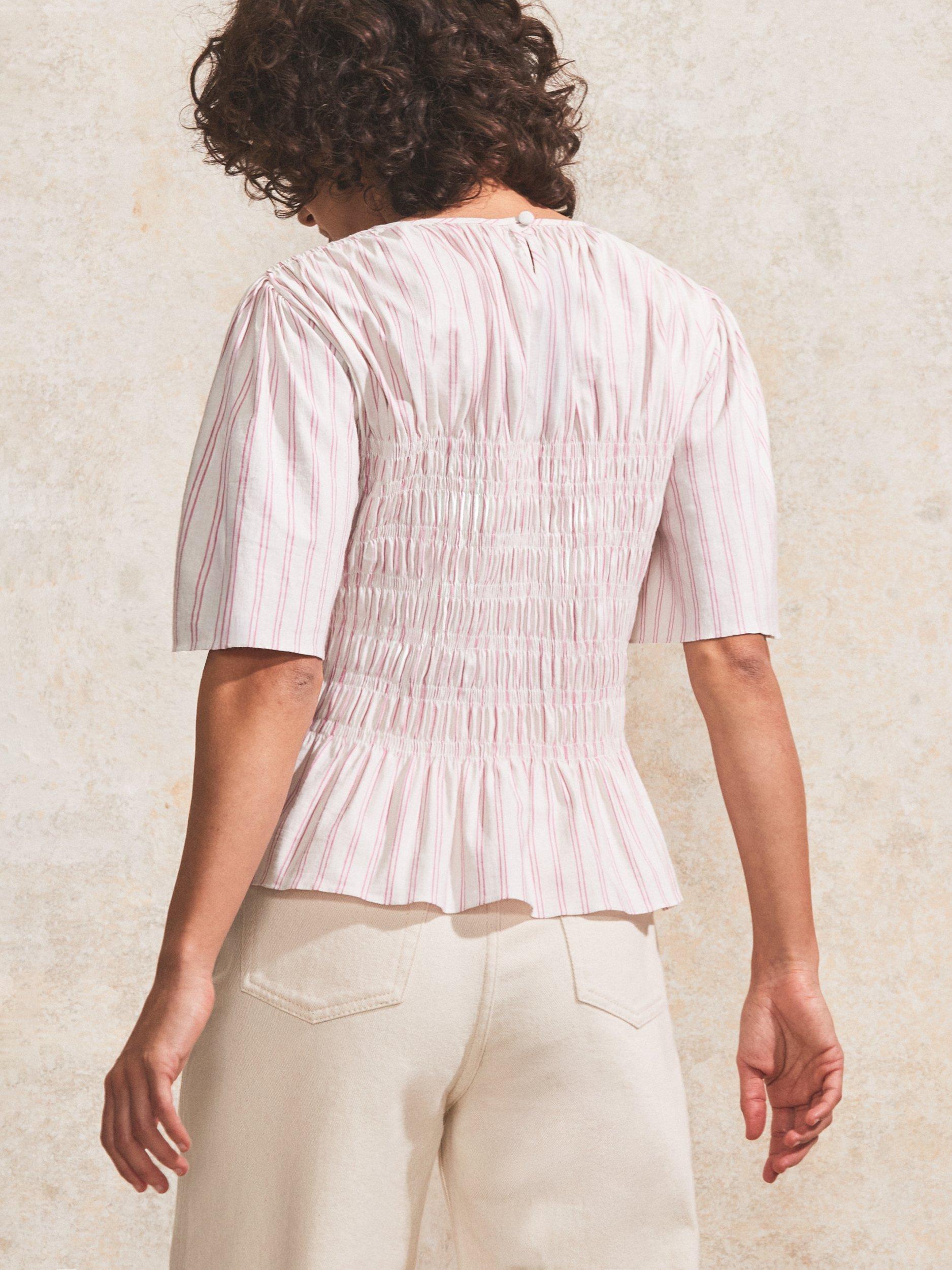Product image 5 of 5, which shows Ro&Zo Stripe Shirred Short Sleeve Top, Pink/Multi, 8