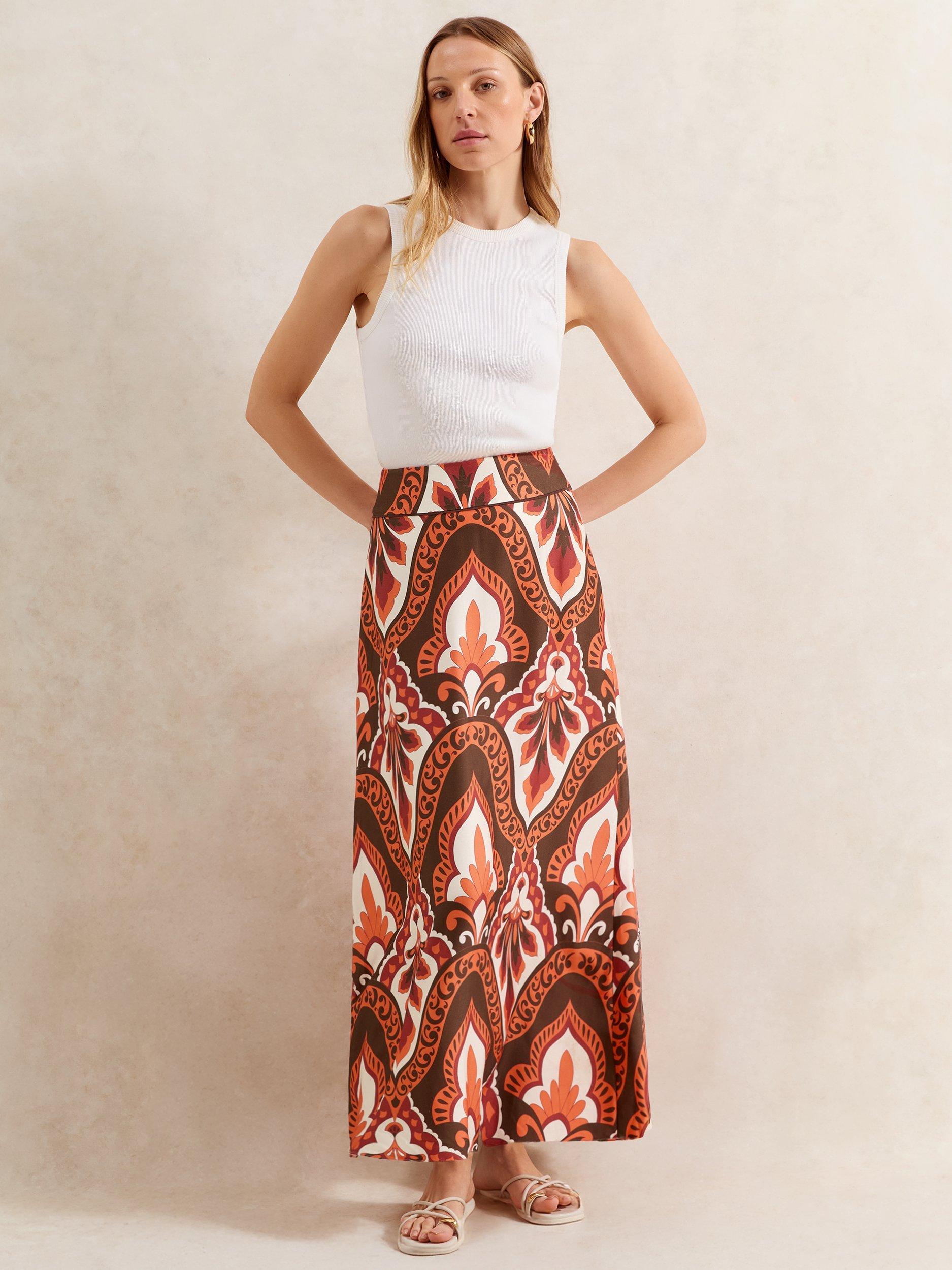 Product image 1 of 5, which shows Ro&Zo Petite Tile Print Maxi Skirt, Brown/Multi, 6