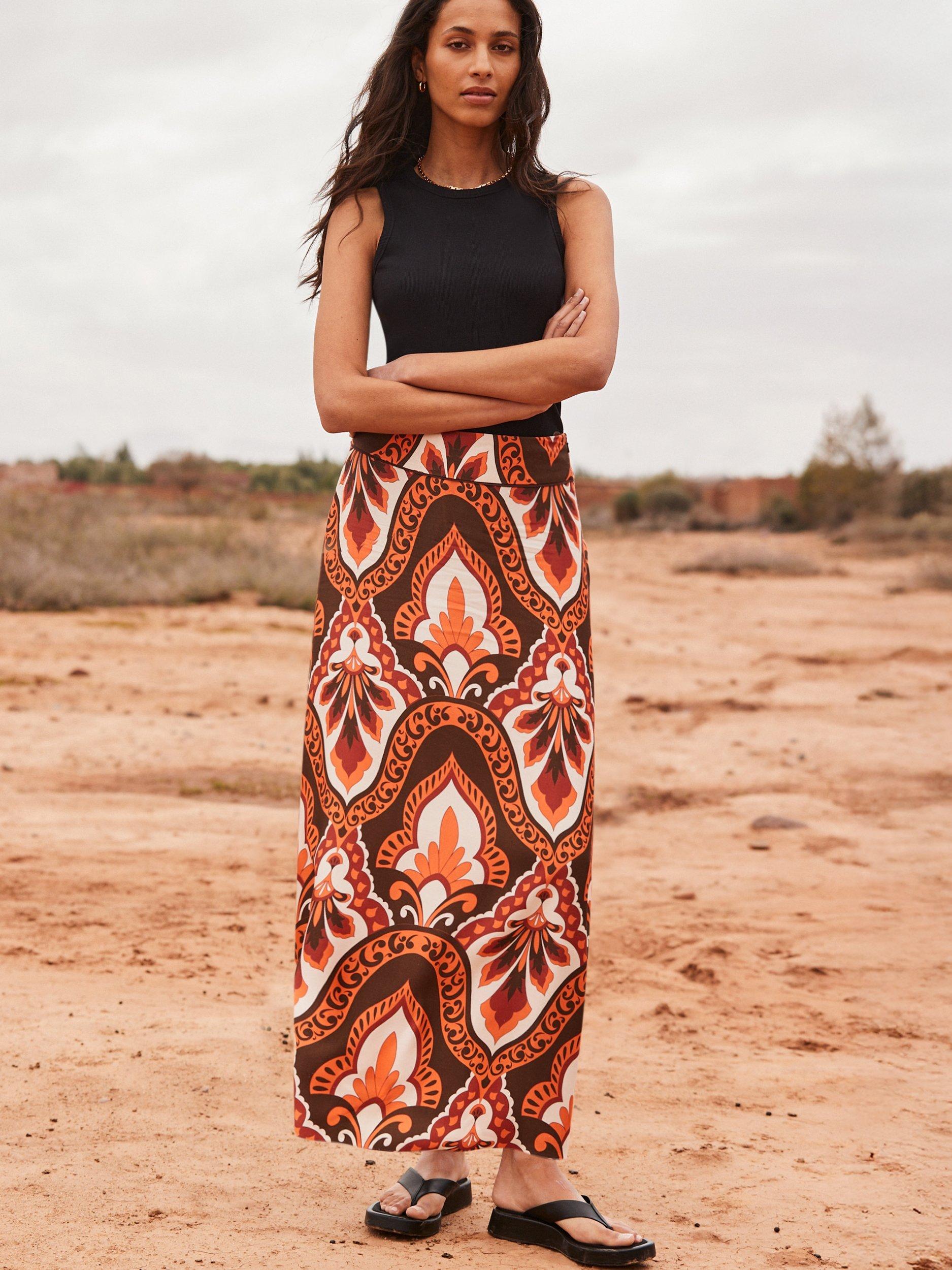 Product image 3 of 5, which shows Ro&Zo Petite Tile Print Maxi Skirt, Brown/Multi, 6