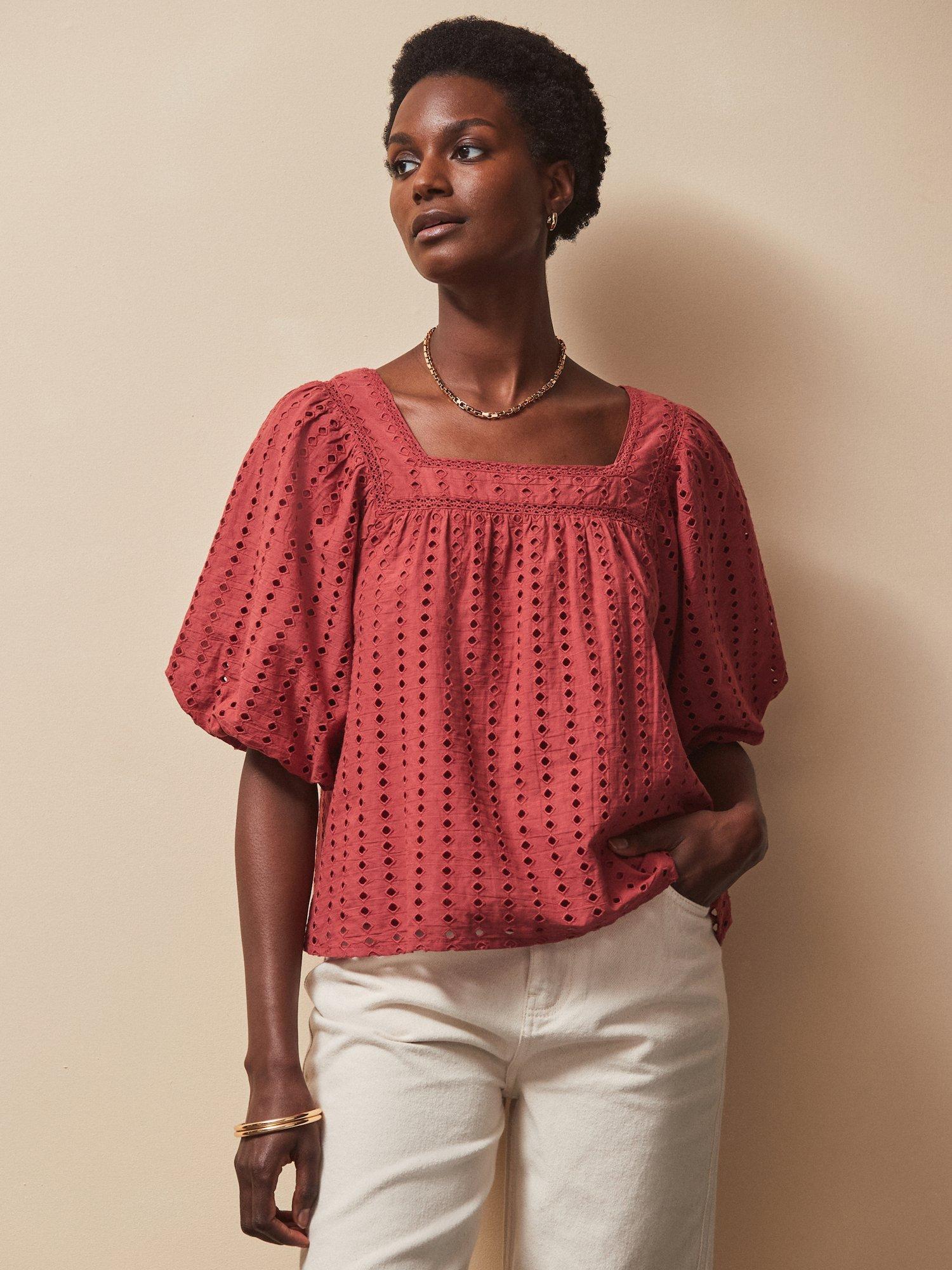 Product image 1 of 4, which shows Ro&Zo Broderie Anglaise Half Sleeve Smock Top, Mid Red, 12