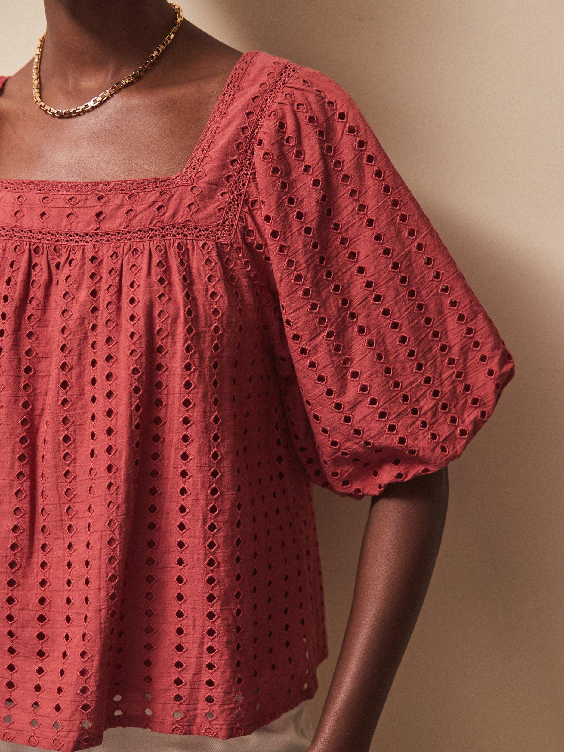 Product image 2 of 4, which shows Ro&Zo Broderie Anglaise Half Sleeve Smock Top, Mid Red, 12
