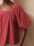 Ro&Zo Broderie Anglaise Half Sleeve Smock Top, Mid Red