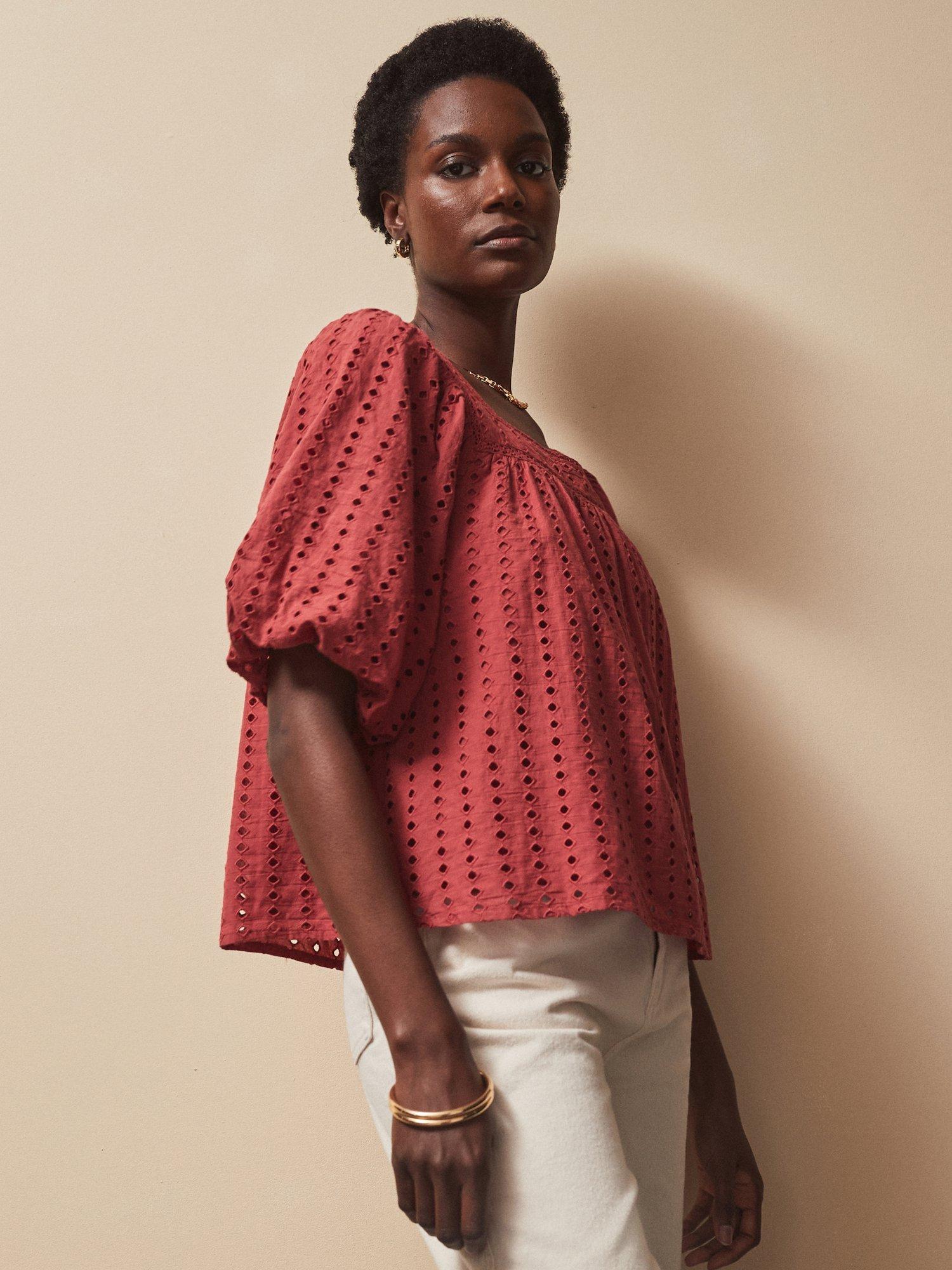 Product image 3 of 4, which shows Ro&Zo Broderie Anglaise Half Sleeve Smock Top, Mid Red, 12