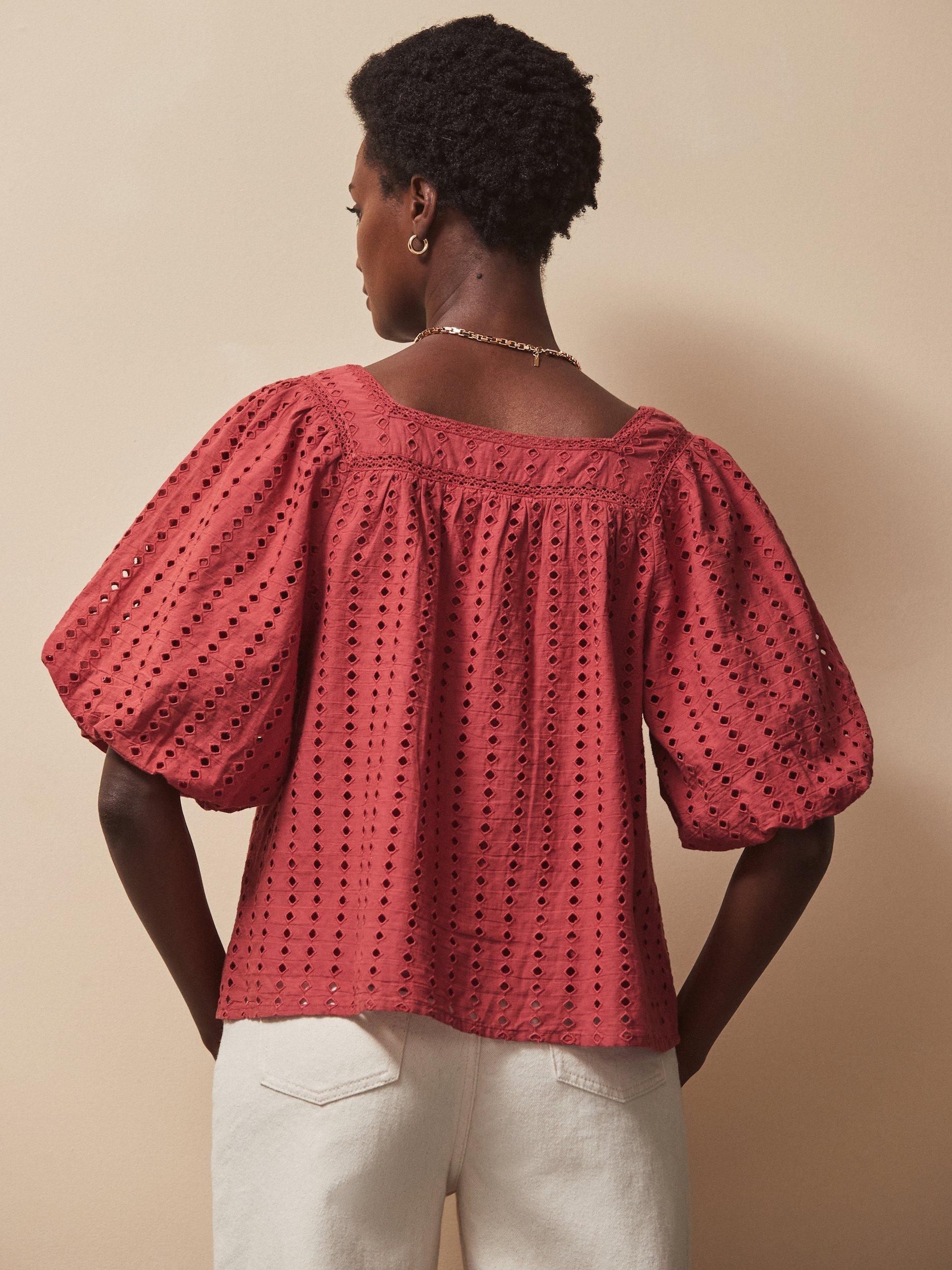 Product image 4 of 4, which shows Ro&Zo Broderie Anglaise Half Sleeve Smock Top, Mid Red, 12