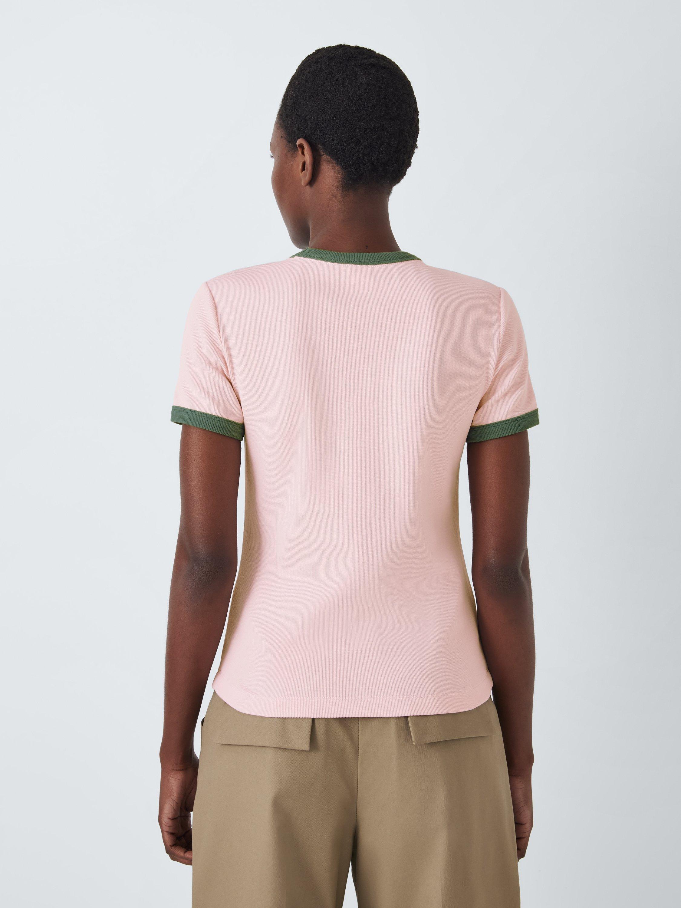 Product image 2 of 6, which shows John Lewis Ribbed Contrast Trim Crew Neck T-Shirt, Pink/Green, 8