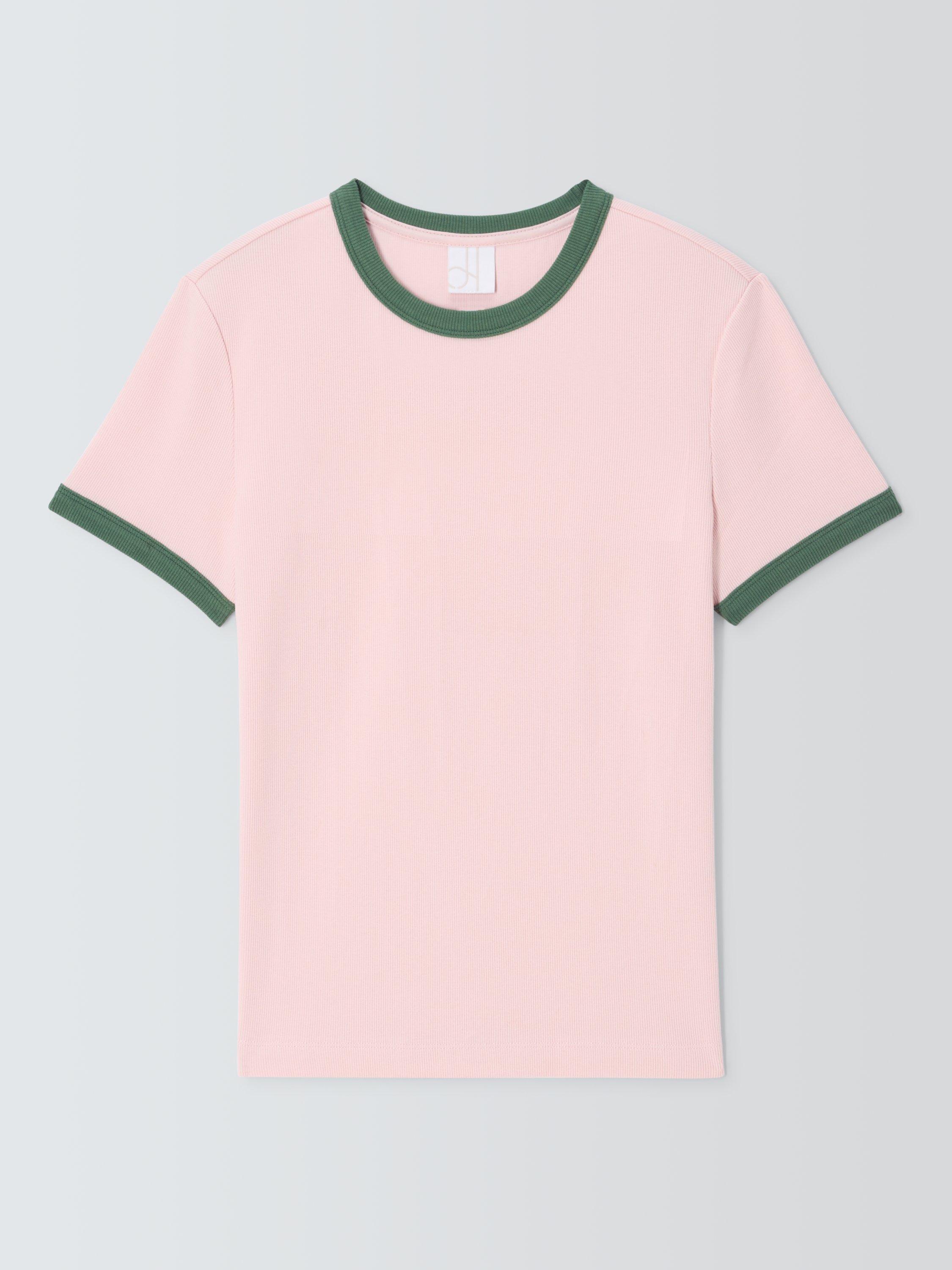 Product image 4 of 6, which shows John Lewis Ribbed Contrast Trim Crew Neck T-Shirt, Pink/Green, 8