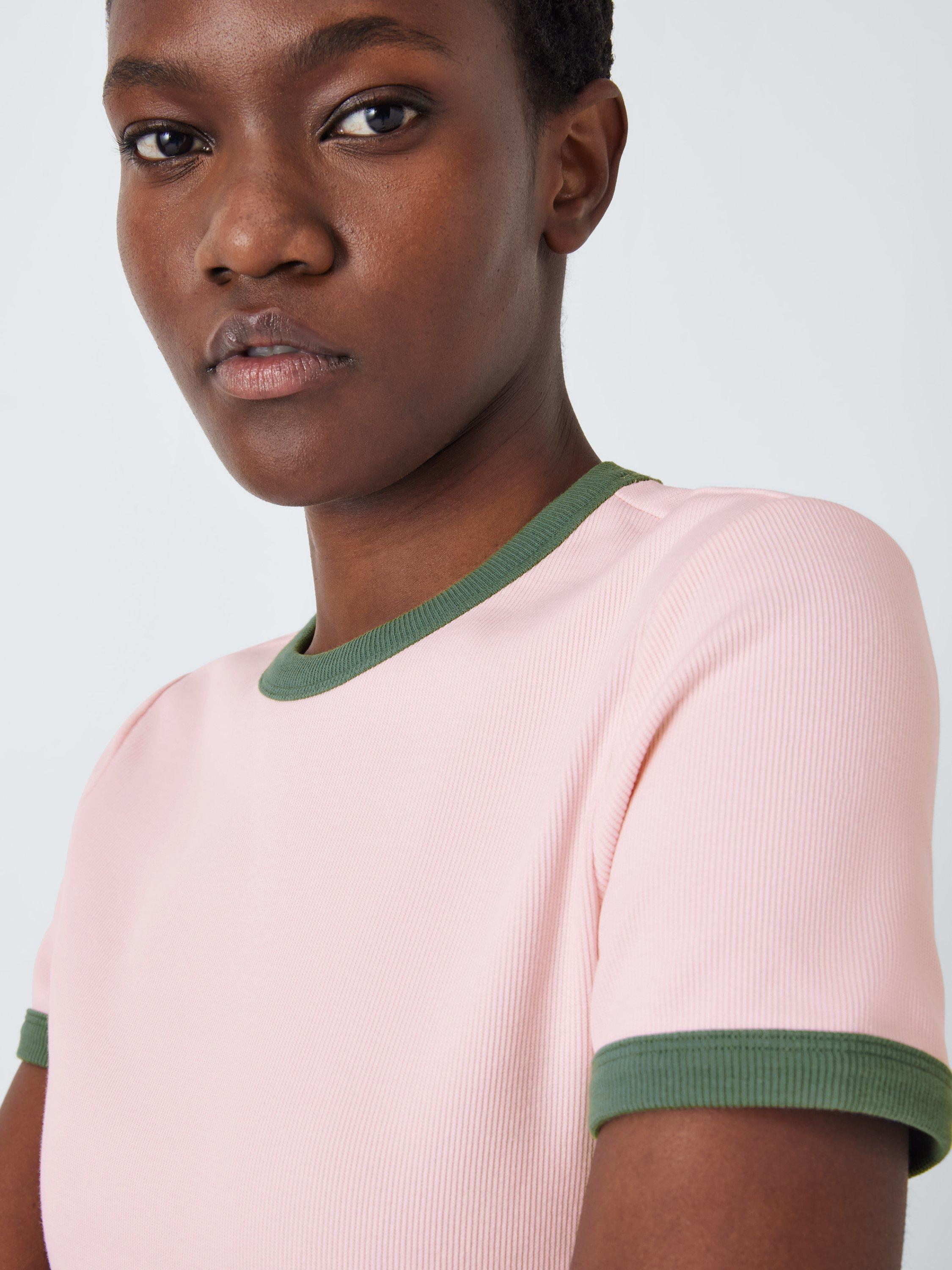 Product image 5 of 6, which shows John Lewis Ribbed Contrast Trim Crew Neck T-Shirt, Pink/Green, 8