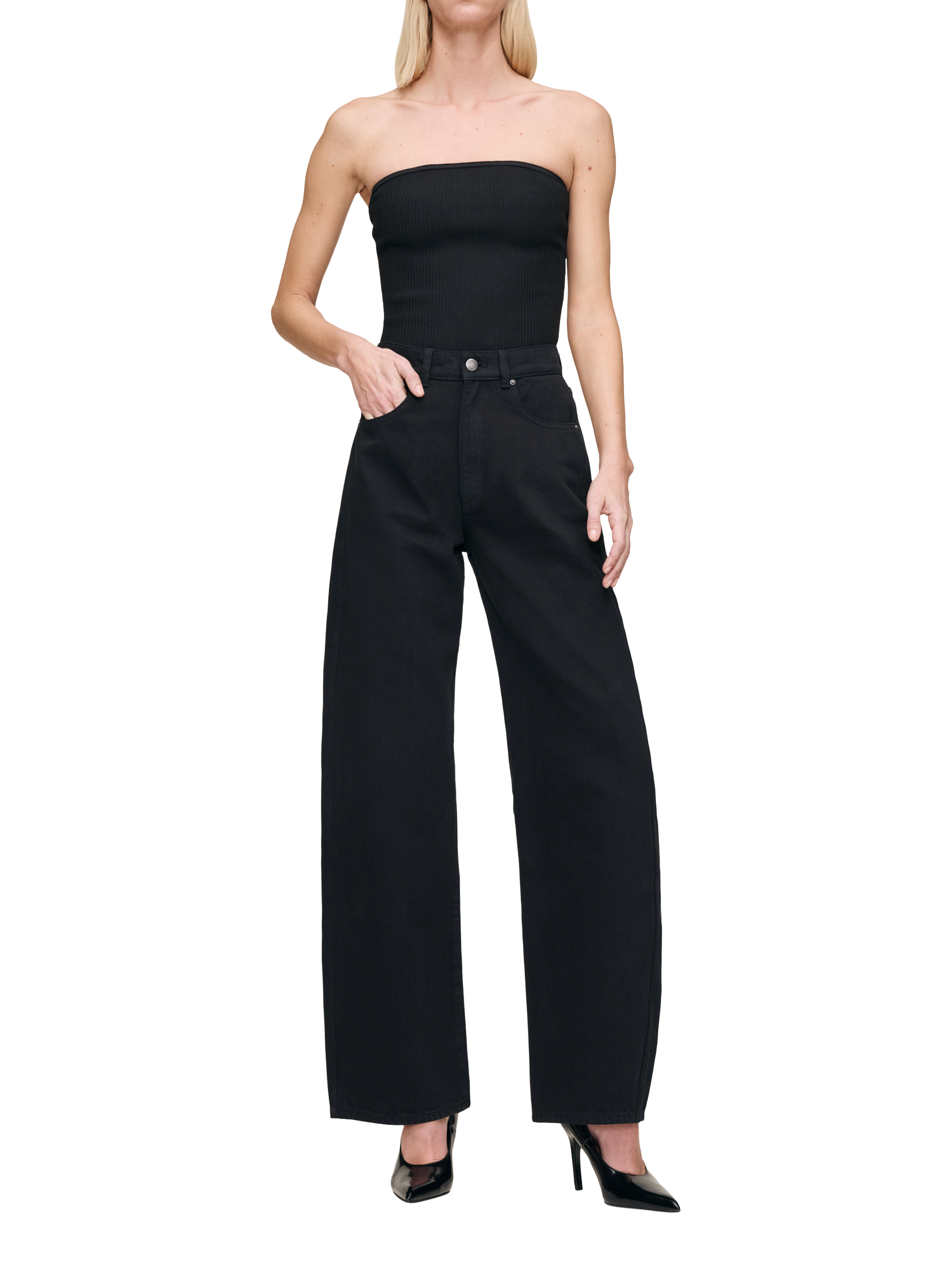 Product image 1 of 4, which shows DL1961 Taylor High Rise Relaxed Barrel Leg Jeans, Black Hl, 28