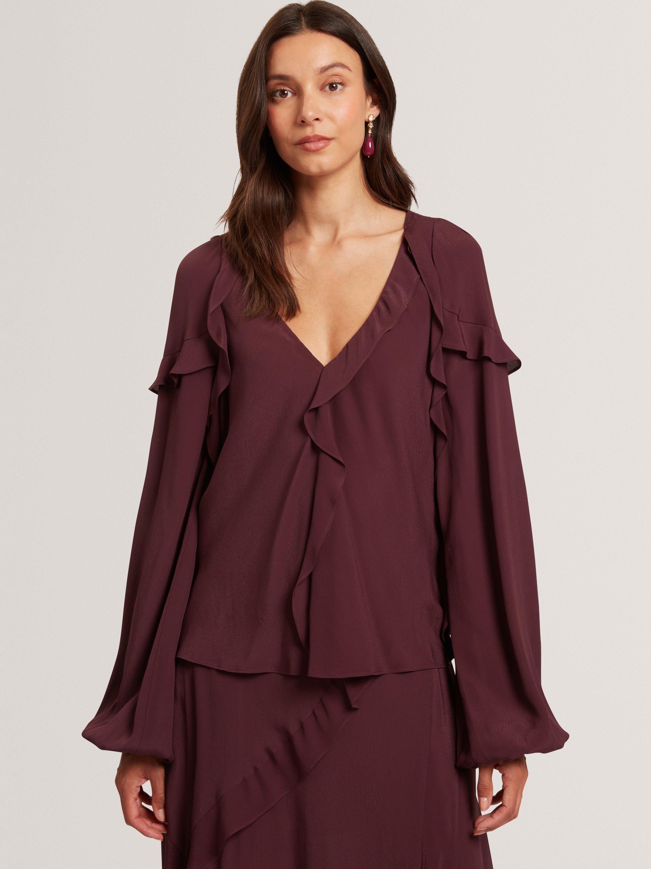 Product image 1 of 7, which shows Ted Baker Kayfa Frill Long Sleeve Top, Burgundy, 8