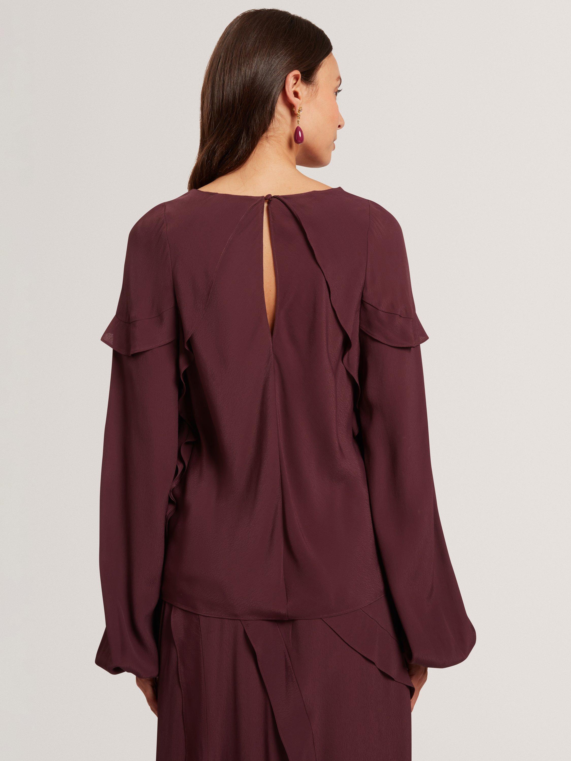 Product image 3 of 7, which shows Ted Baker Kayfa Frill Long Sleeve Top, Burgundy, 8