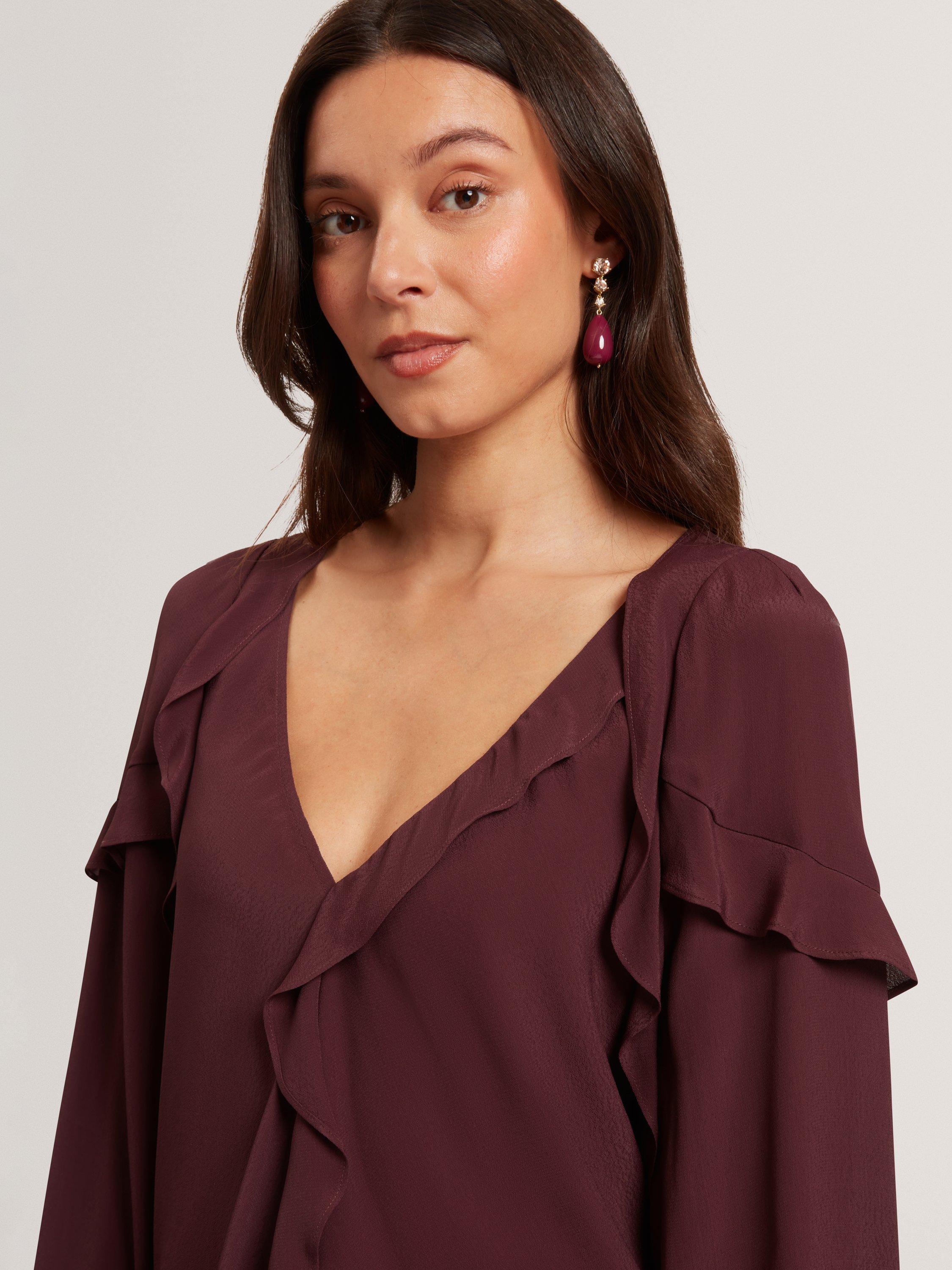 Product image 4 of 7, which shows Ted Baker Kayfa Frill Long Sleeve Top, Burgundy, 8