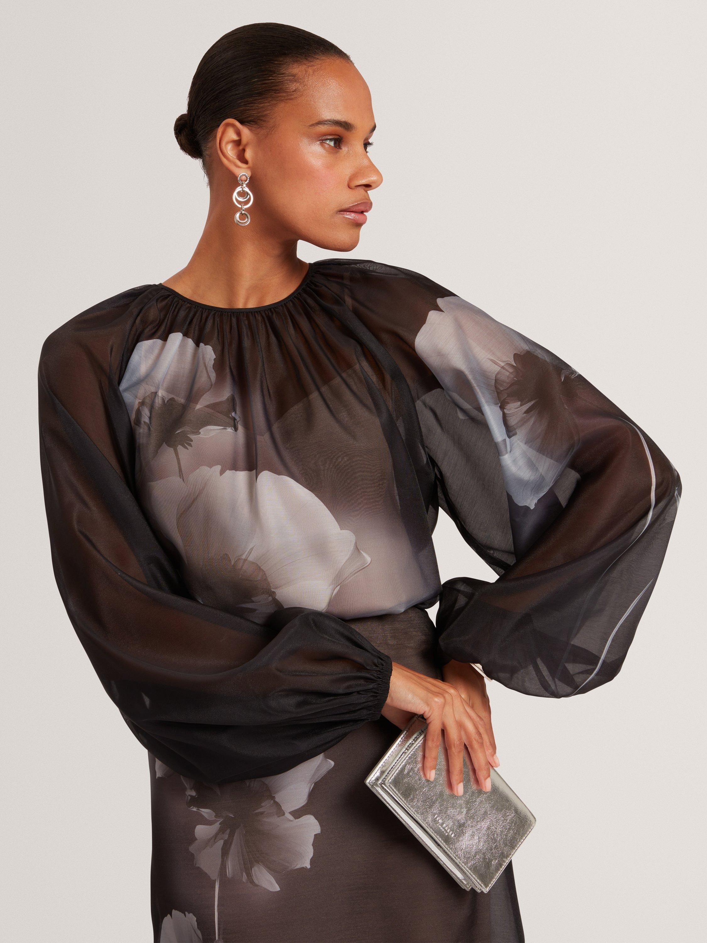 Product image 1 of 5, which shows Ted Baker Plaaza Flower Organza Top, Black, 8