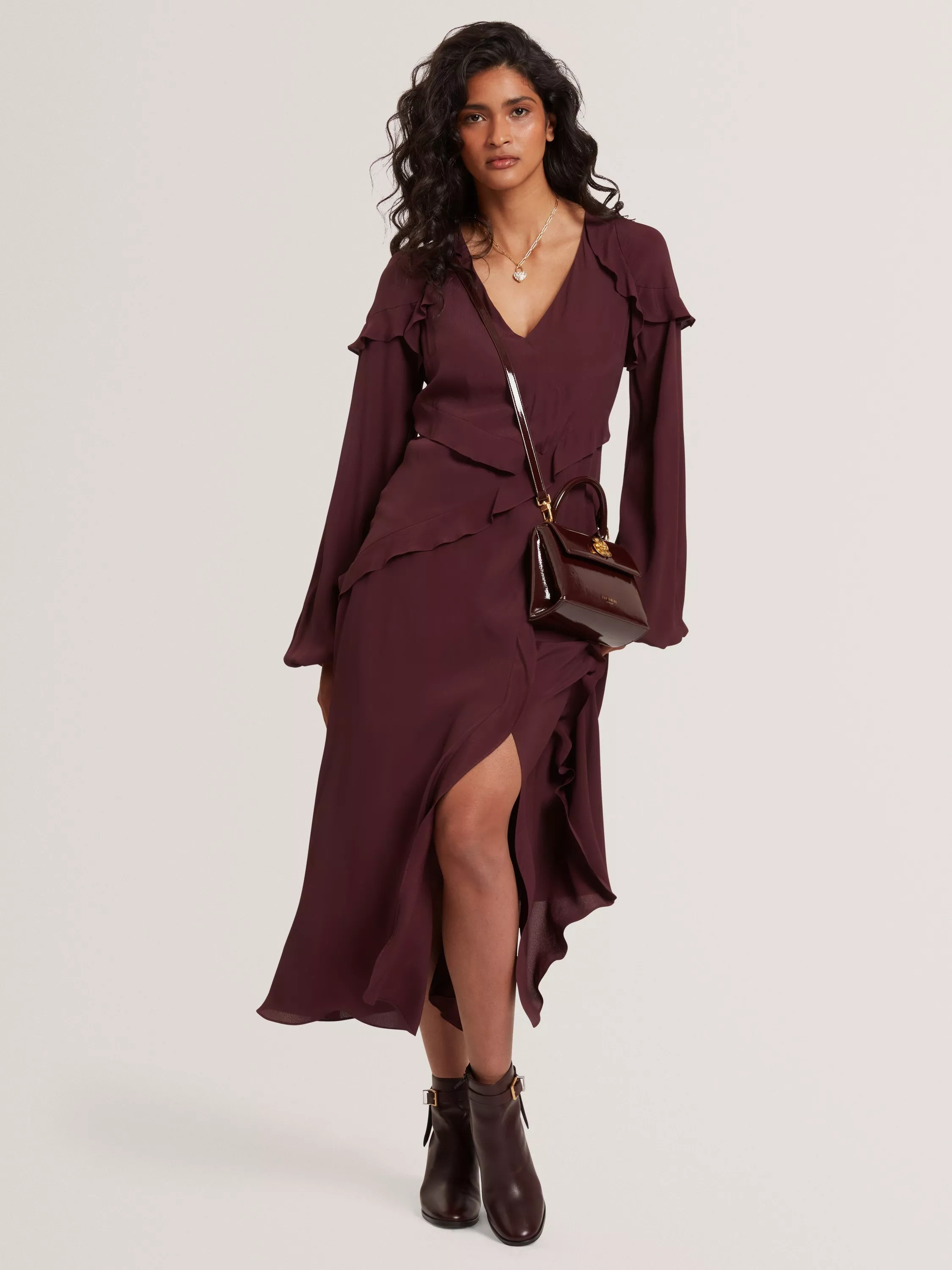 Ted Baker Truea Frill Detail Midi Dress, Burgundy