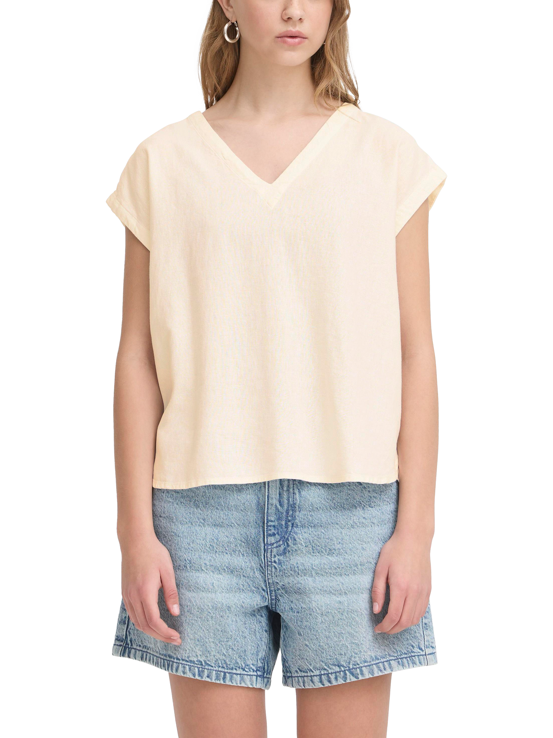 Product image 1 of 7, which shows ICHI Linno V-Neck Linen Rich Top, Beige, 8
