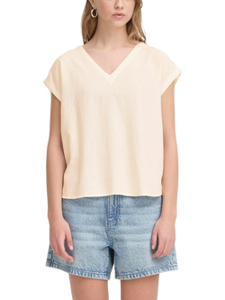 ICHI Linno V-Neck Linen Rich Top, Beige, Beige