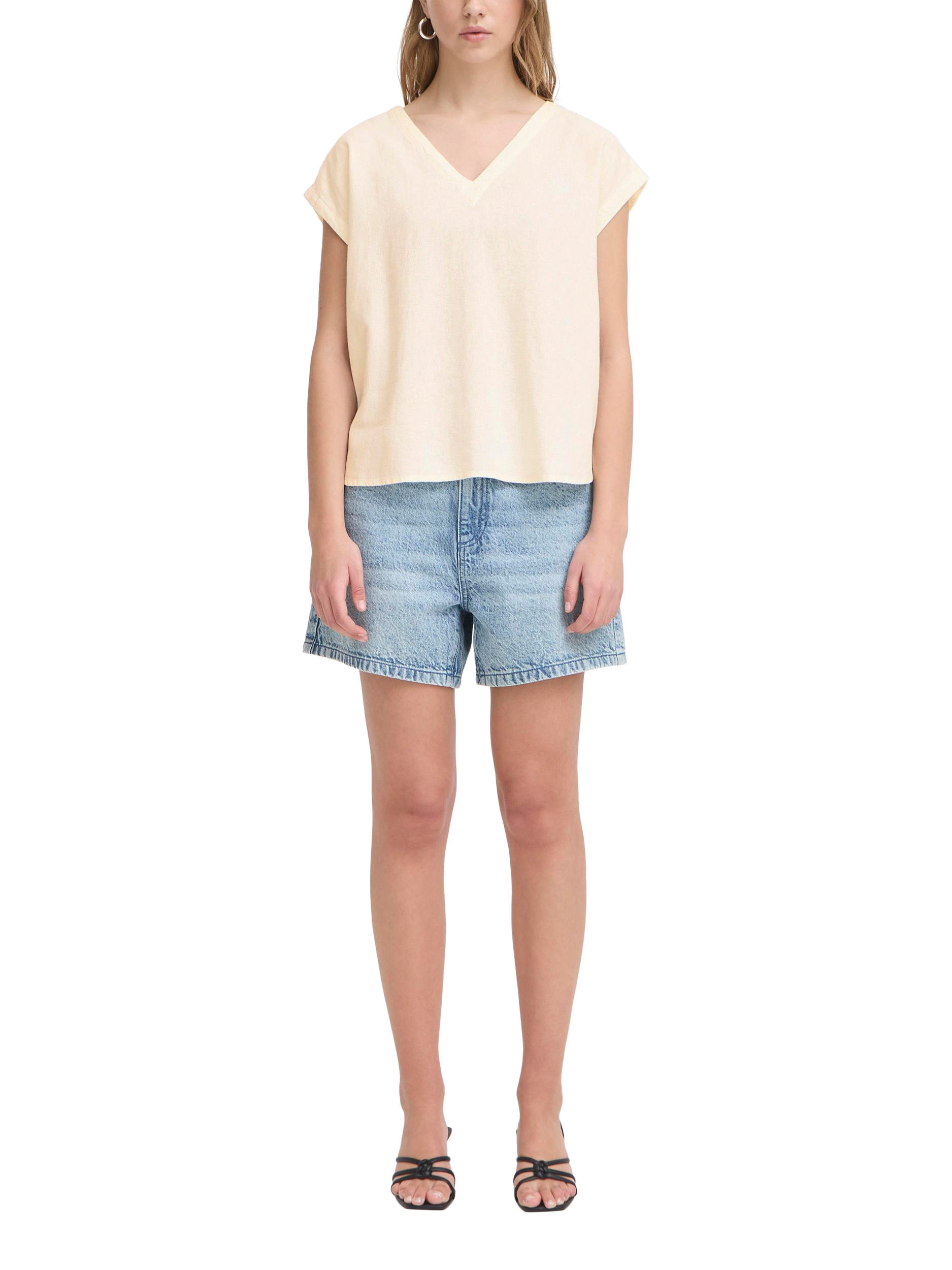 Product image 3 of 7, which shows ICHI Linno V-Neck Linen Rich Top, Beige, 8