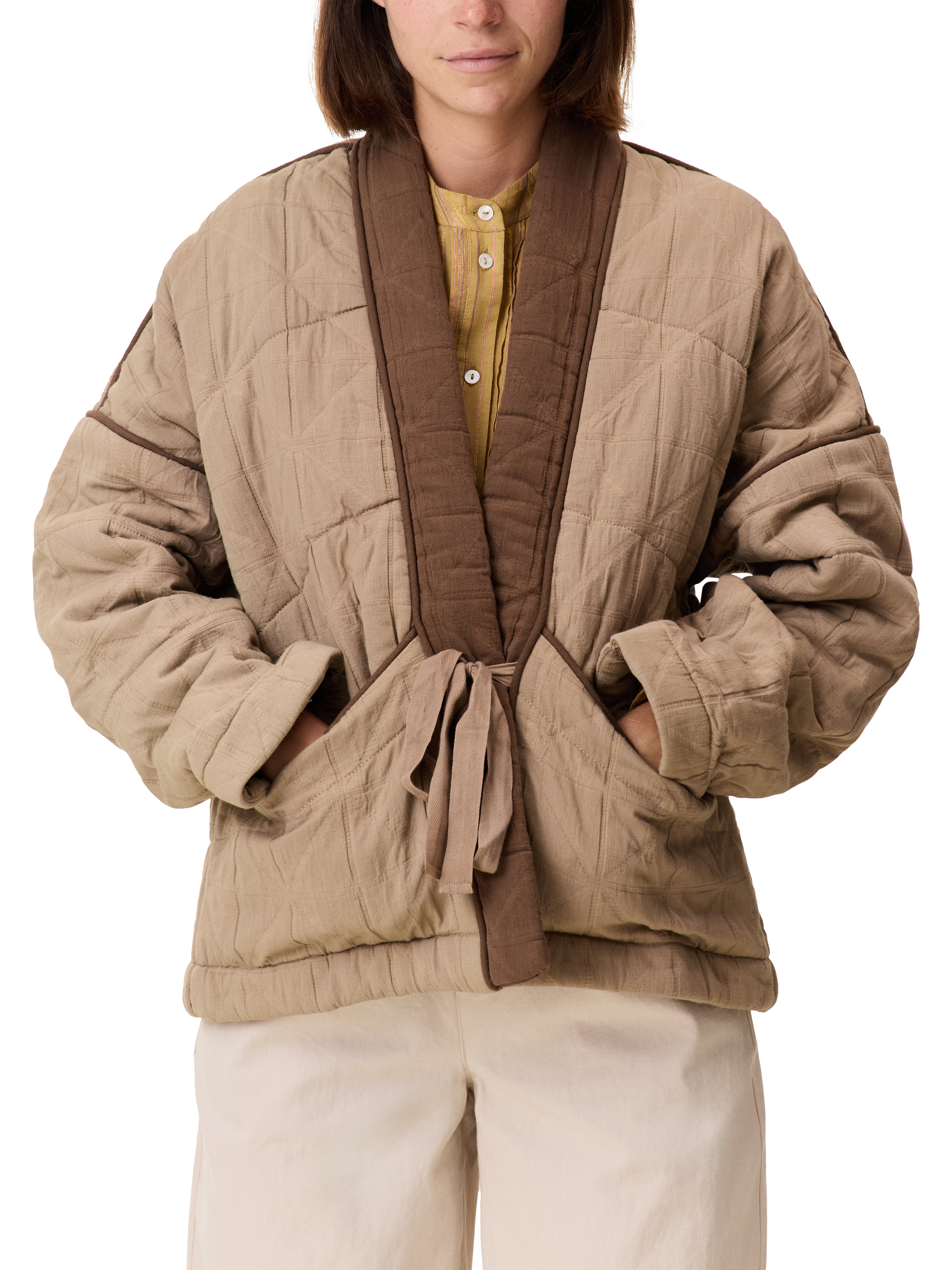 Product image 1 of 5, which shows Leon & Harper Val Quilted Kimono Jacket, Brown, S