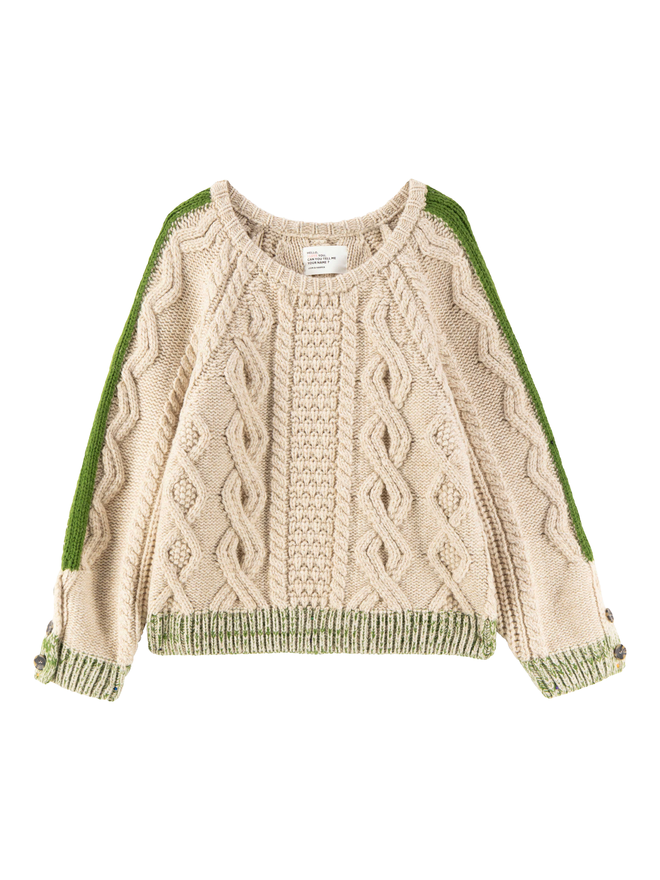 Leon & Harper Marquise Pure Wool Cable Knit Jumper, Beige/Green