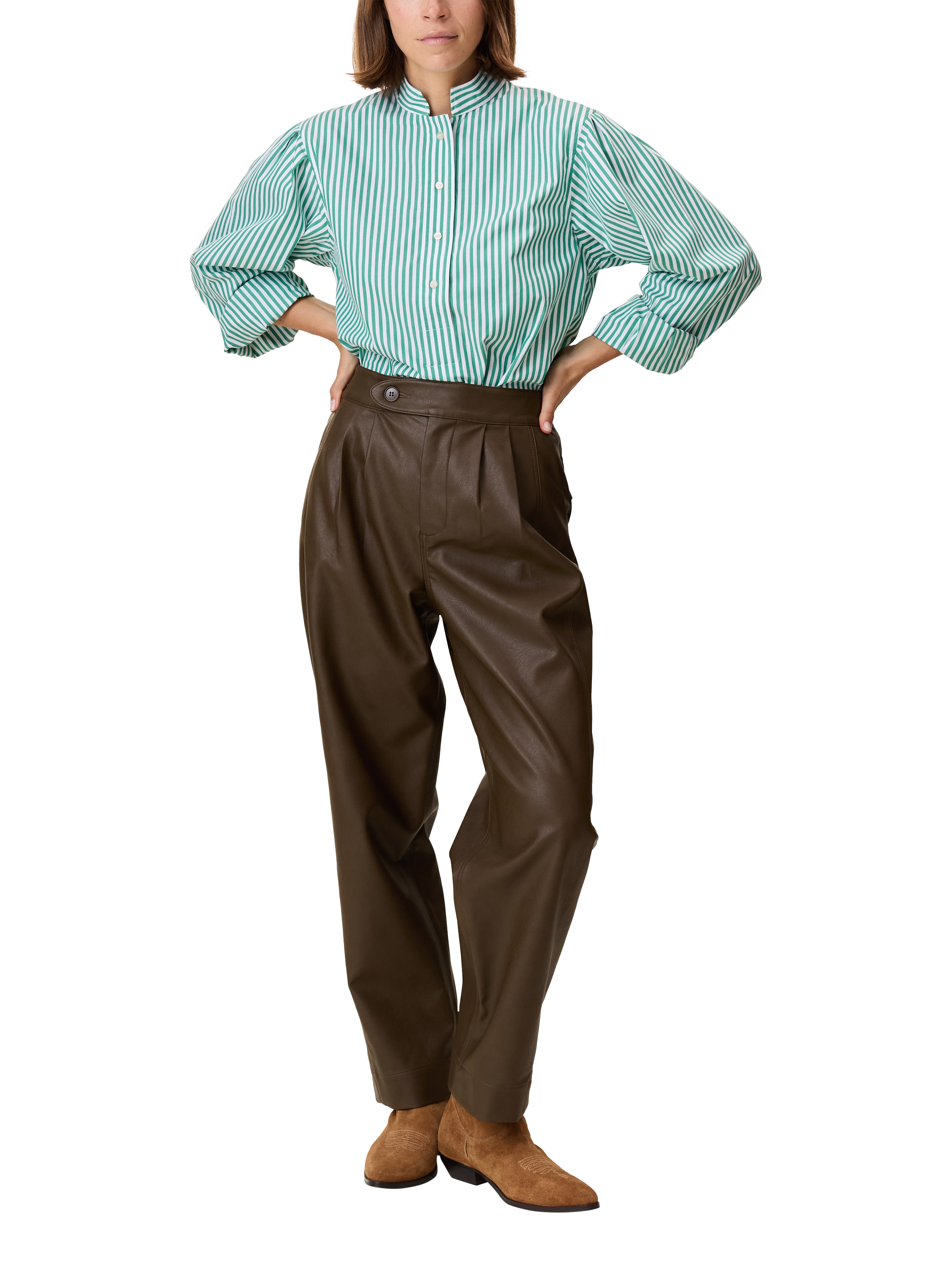 Product image 1 of 5, which shows Leon & Harper Penelope Faux Leather Trousers, Brown, 38