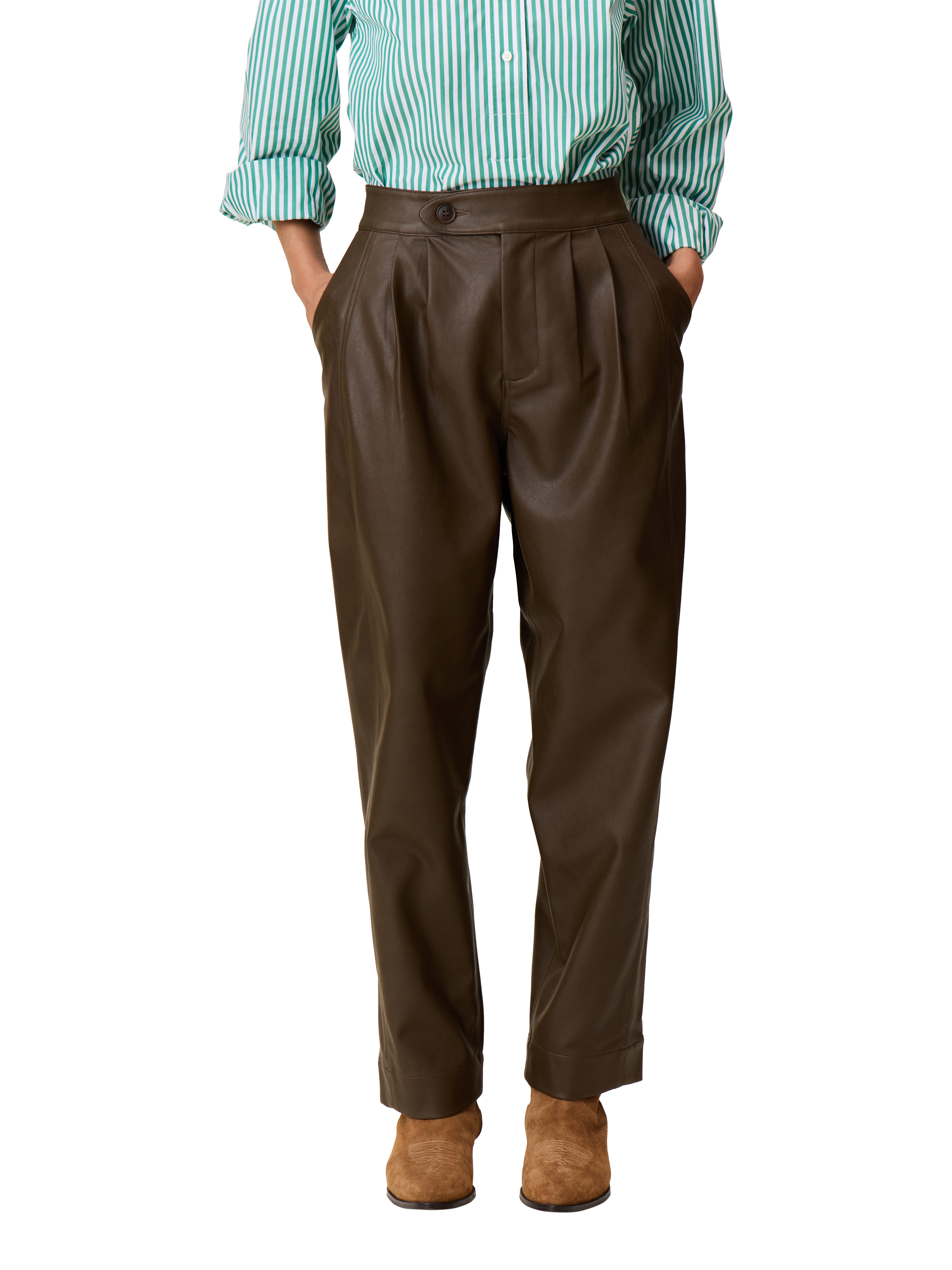 Product image 2 of 5, which shows Leon & Harper Penelope Faux Leather Trousers, Brown, 38