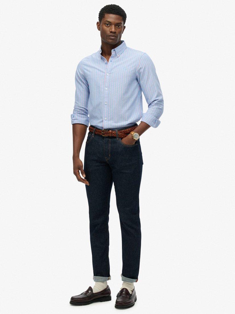 Product image 3 of 6, which shows Superdry Classic Stripe Cotton Oxford Shirt, Blue/Coral, S