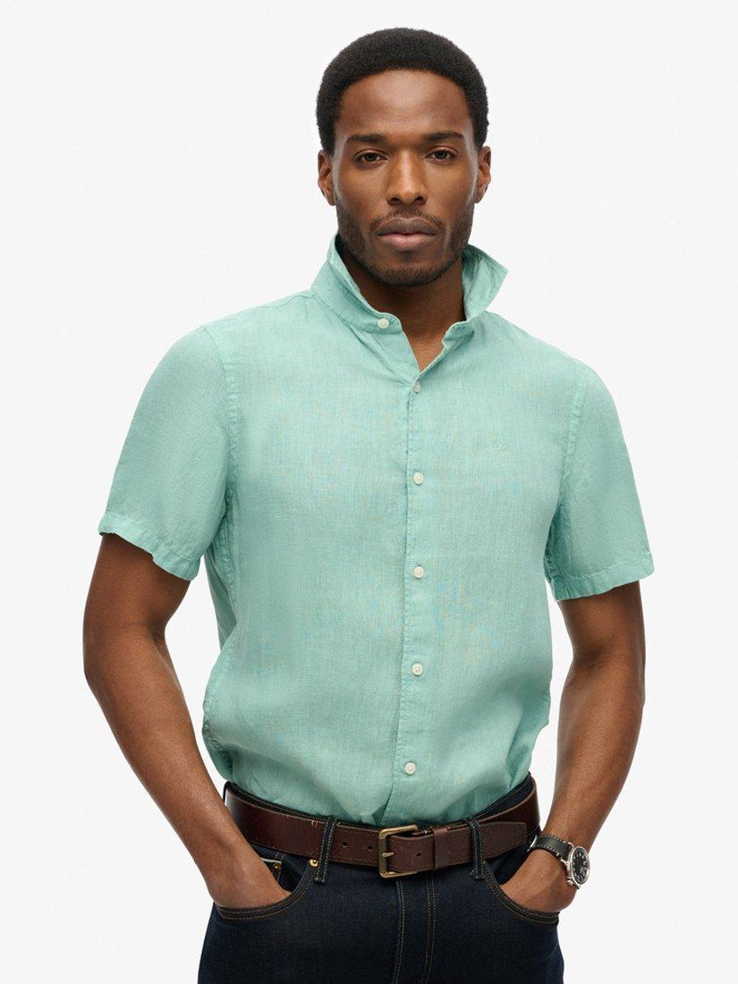 Product image 1 of 4, which shows Superdry Embroidered Vacation Linen Shirt, Porcelain Green, S