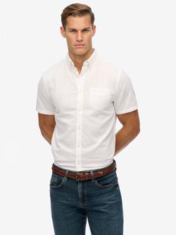 Superdry City Cotton Linen Blend Short Sleeve Shirt, Sky Blue Chambray, Optic White