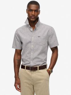 Superdry City Cotton Linen Blend Short Sleeve Shirt, Sky Blue Chambray, Ash Grey Chambray
