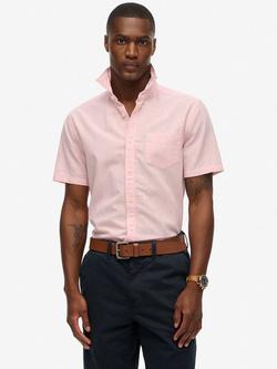 Superdry City Cotton Linen Blend Short Sleeve Shirt, Sky Blue Chambray, City Pink Chambray