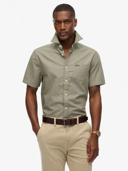 Superdry City Cotton Linen Blend Short Sleeve Shirt, Sky Blue Chambray, Bay Green