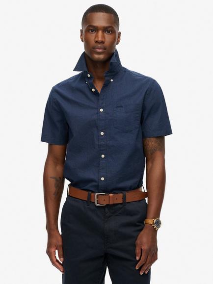 Superdry City Cotton Linen Blend Short Sleeve Shirt, Sky Blue Chambray, Ink Navy