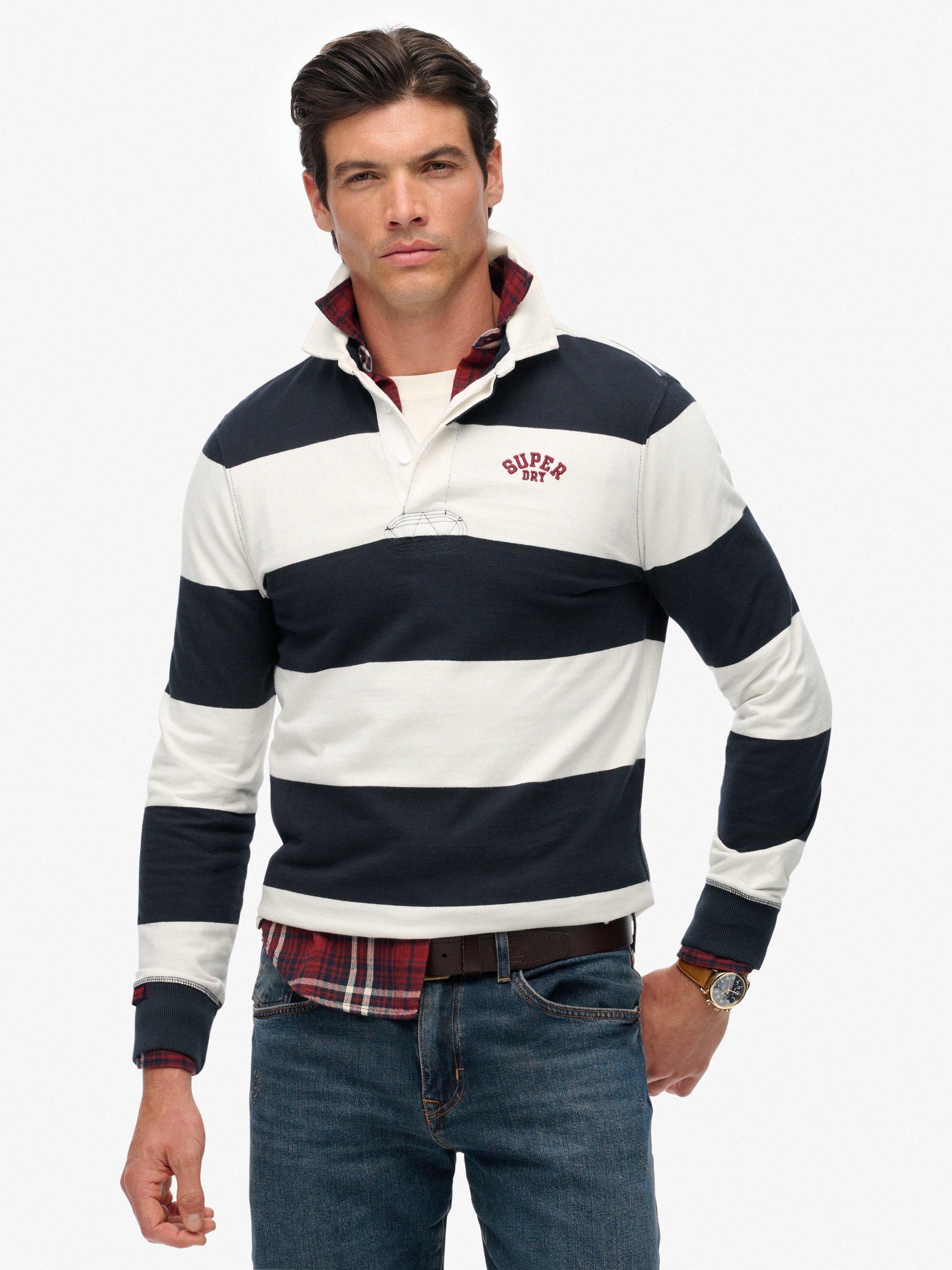 Product image 1 of 5, which shows Superdry Cotton Vintage Athletic Stripe Rugby Top, Eclipse Navy/Ecru, S
