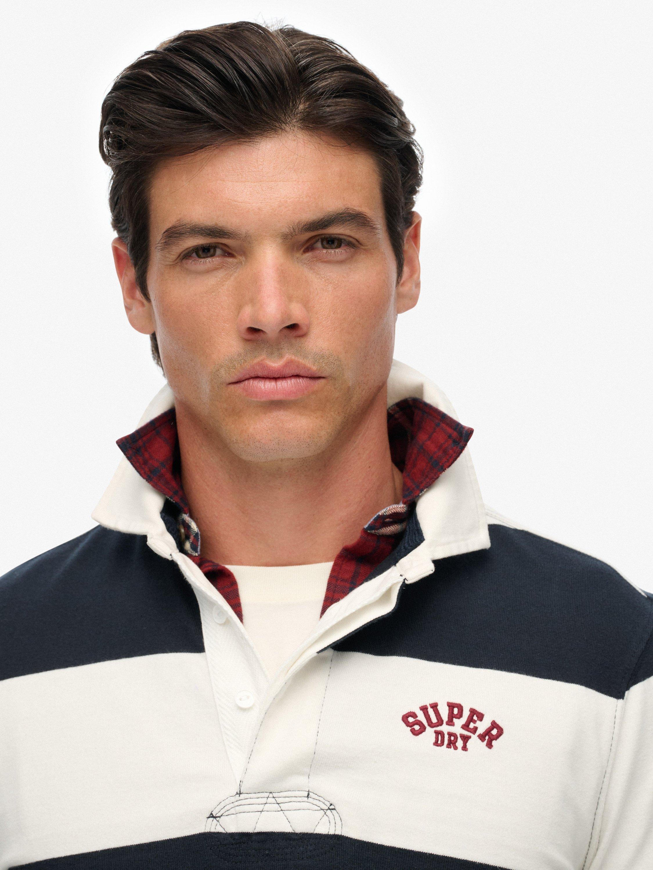 Product image 4 of 5, which shows Superdry Cotton Vintage Athletic Stripe Rugby Top, Eclipse Navy/Ecru, S