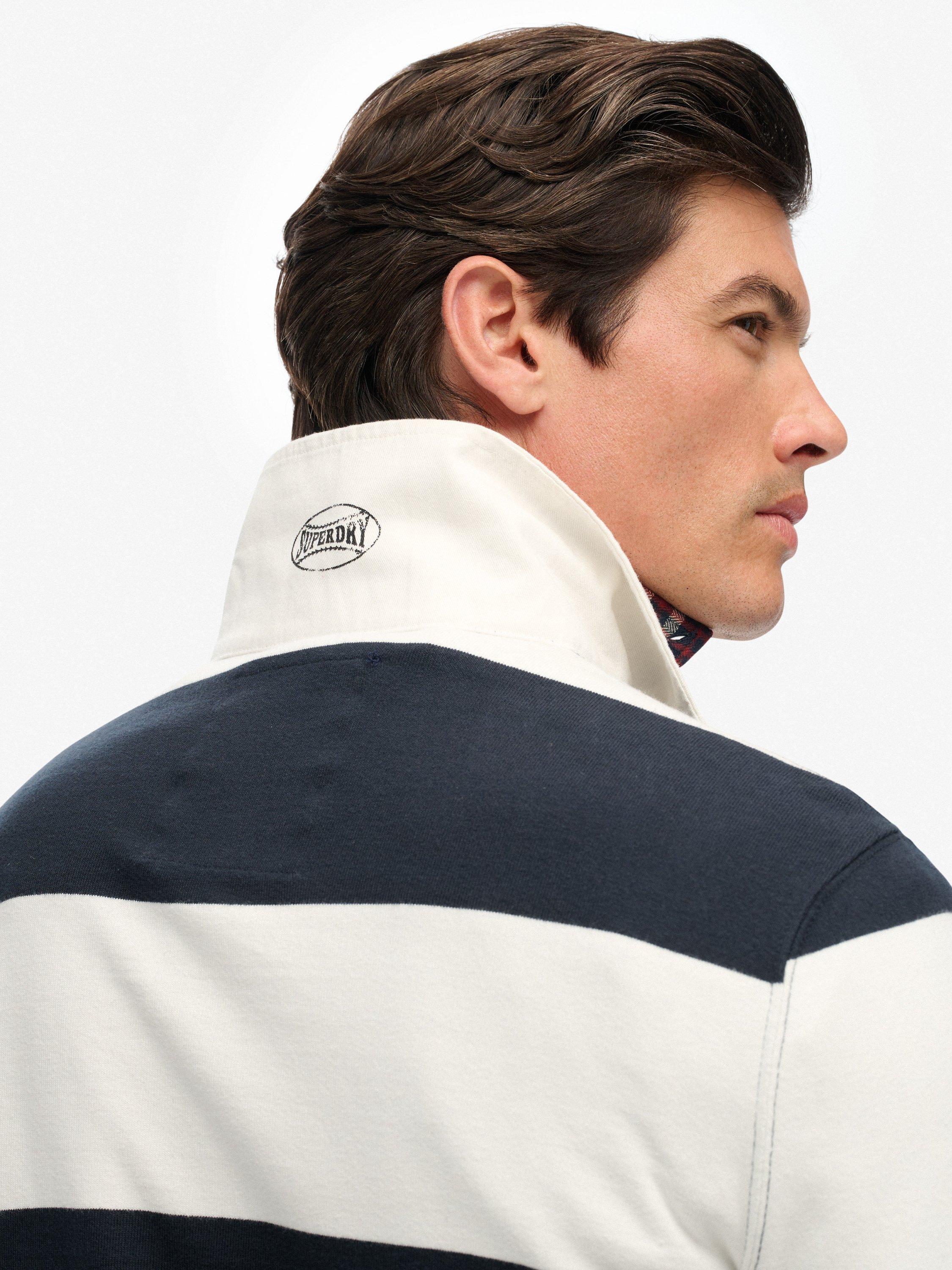Product image 5 of 5, which shows Superdry Cotton Vintage Athletic Stripe Rugby Top, Eclipse Navy/Ecru, S