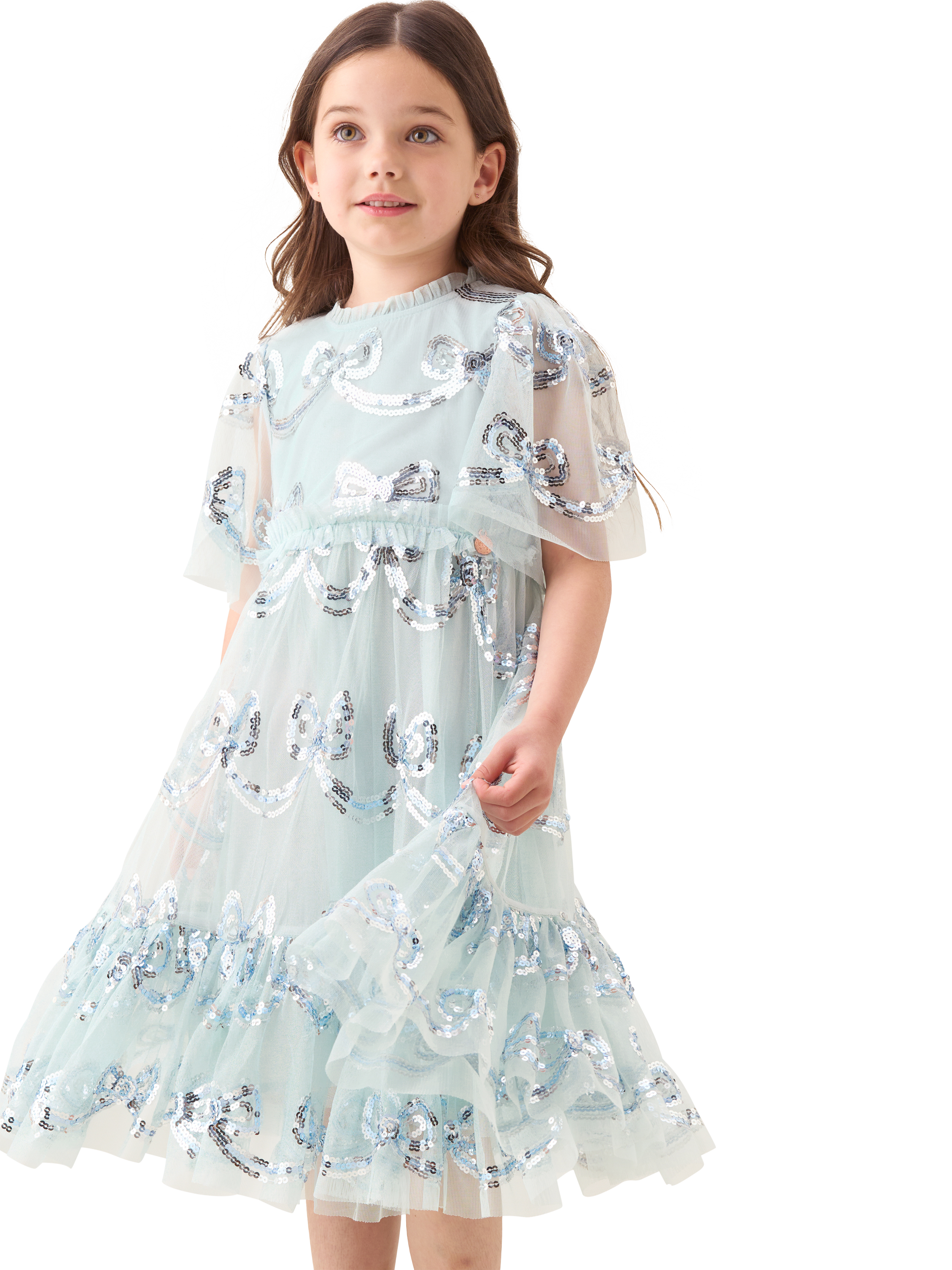 Product image 1 of 5, which shows Angel & Rocket Kids' Delta Sequin Bow Mesh Dress, Mint, 2 years