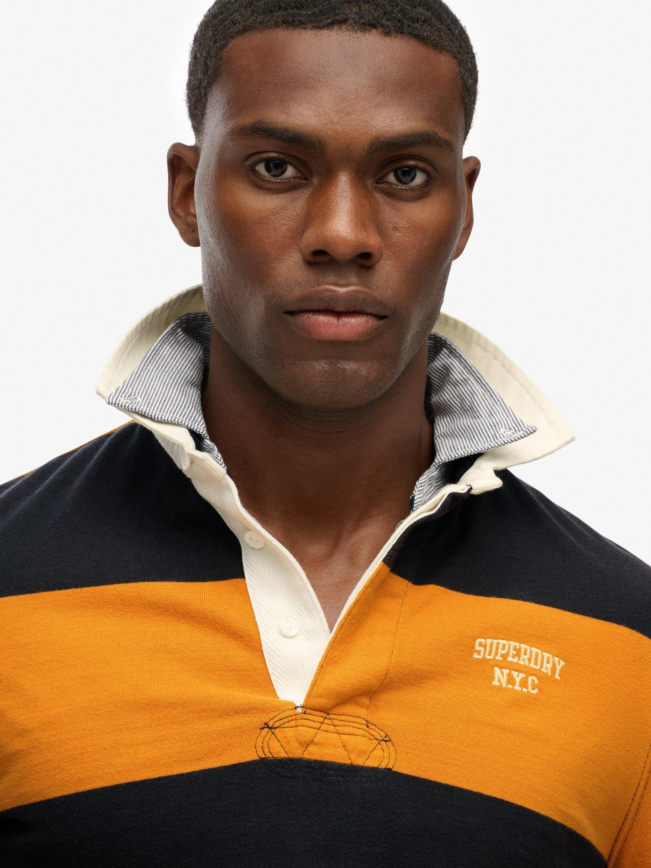Product image 4 of 6, which shows Superdry Relaxed Fit Cotton Rugby Shirt, Navy/Track Gold, S