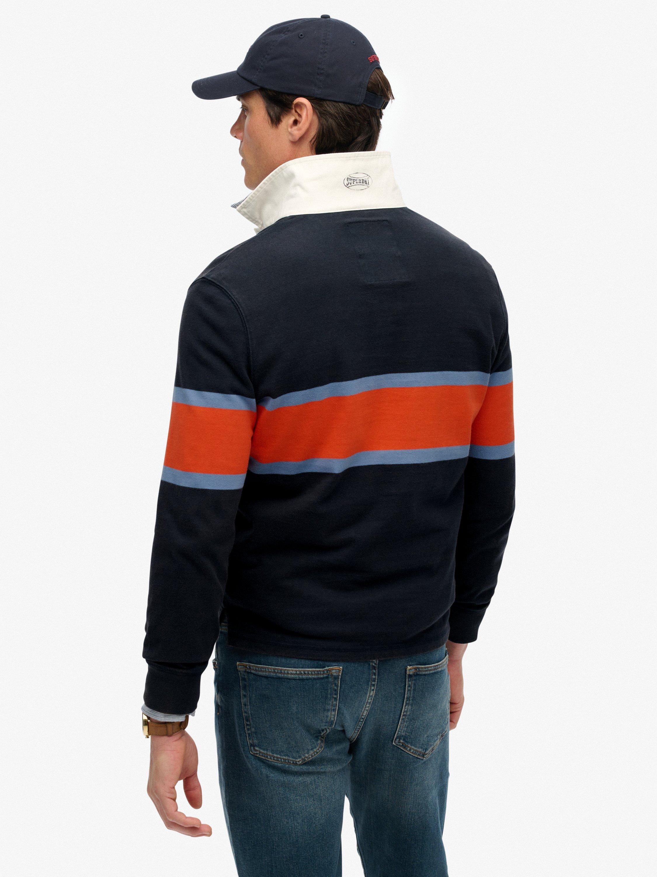 Product image 2 of 5, which shows Superdry Cotton Vintage Athletic Stripe Rugby Top, Navy, S