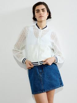 French Connection Krista Lace Mix Knit Bomber Jacket, Summer White/Navy, Summer White/Navy
