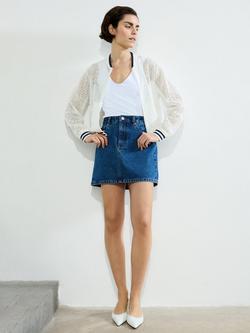 French Connection Krista Lace Mix Knit Bomber Jacket, Summer White/Navy - view 2, Summer White/Navy