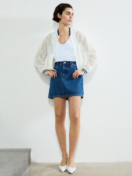 French Connection Krista Lace Mix Knit Bomber Jacket, Summer White/Navy - view 2, Summer White/Navy